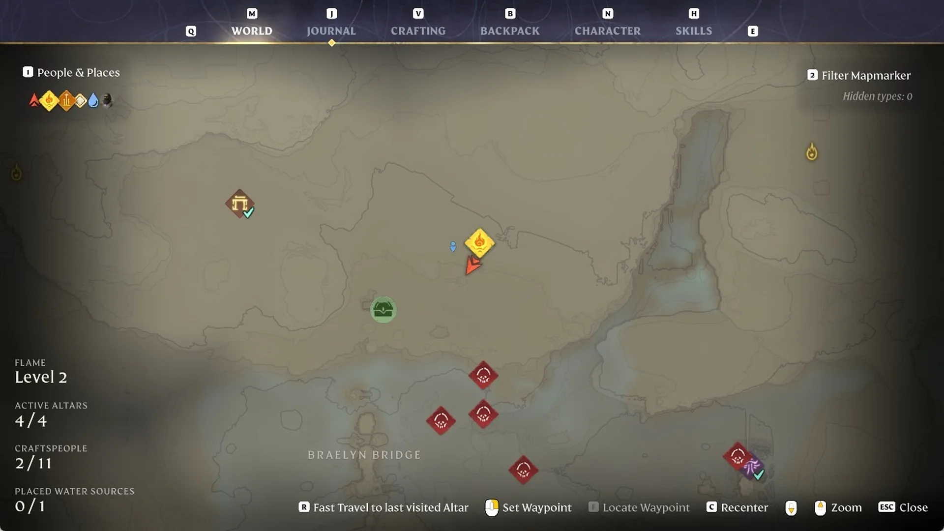 Enshrouded world map showing a new green chest custom marker placed west of the Flame Altar