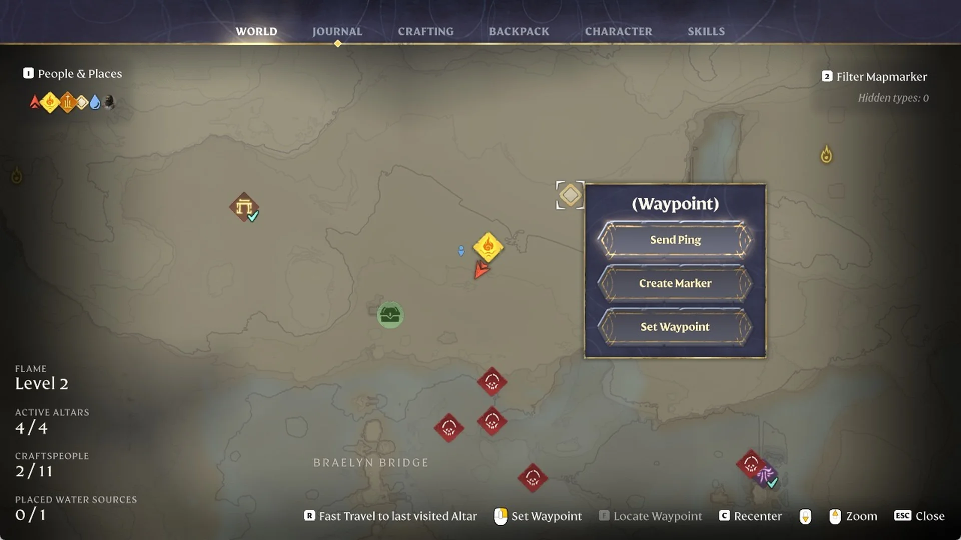 Enshrouded world map with the '(Waypoint)' menu open on a new spot and the green chest marker visible