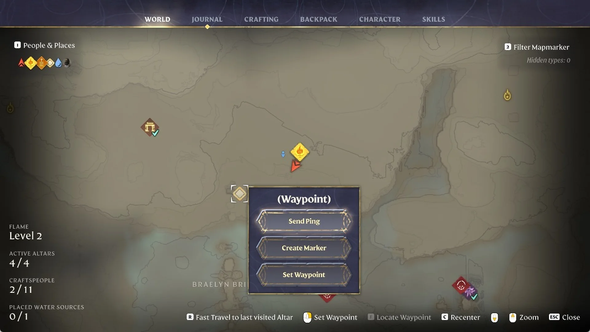 Enshrouded world map right-click menu labelled '(Waypoint)' with 'Send Ping', 'Create Marker' and 'Set Waypoint'