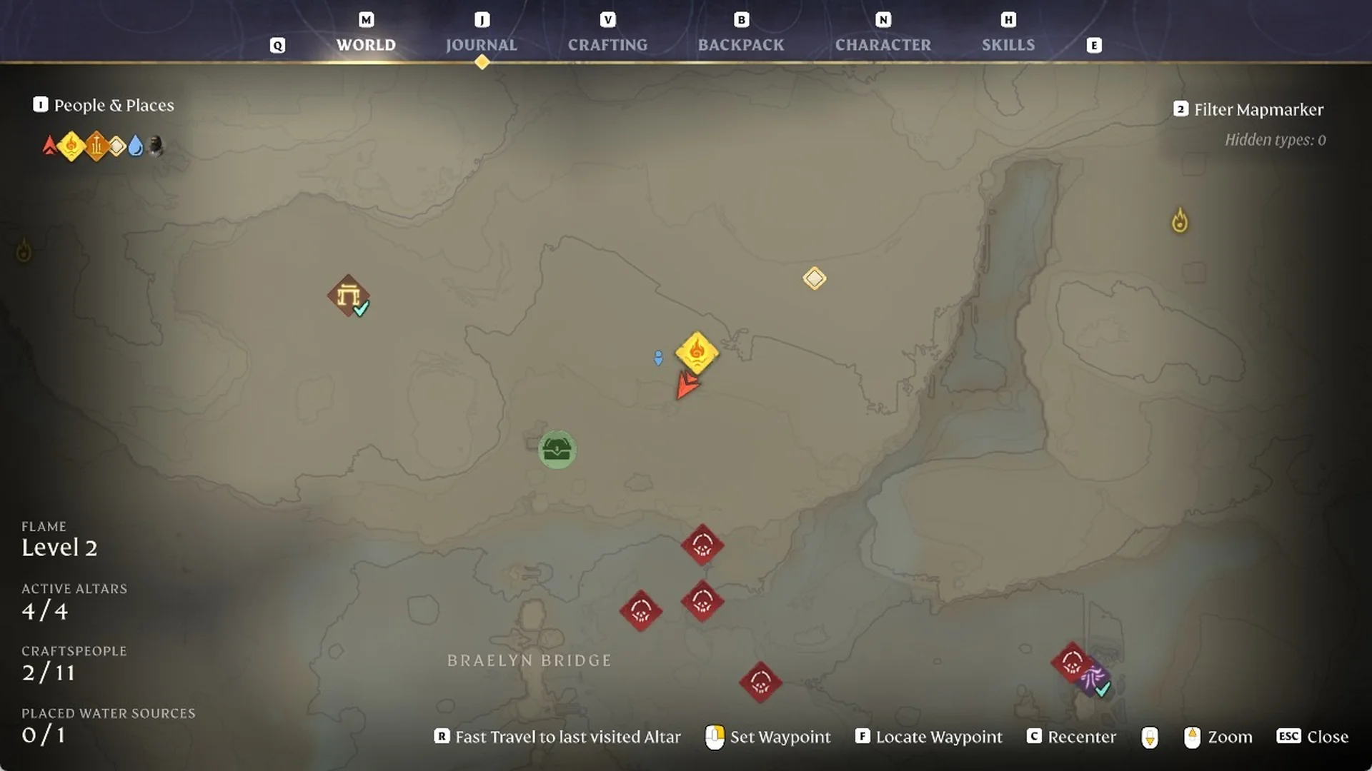 Enshrouded world map with a waypoint diamond north-east of the altar and 'Locate Waypoint' now active