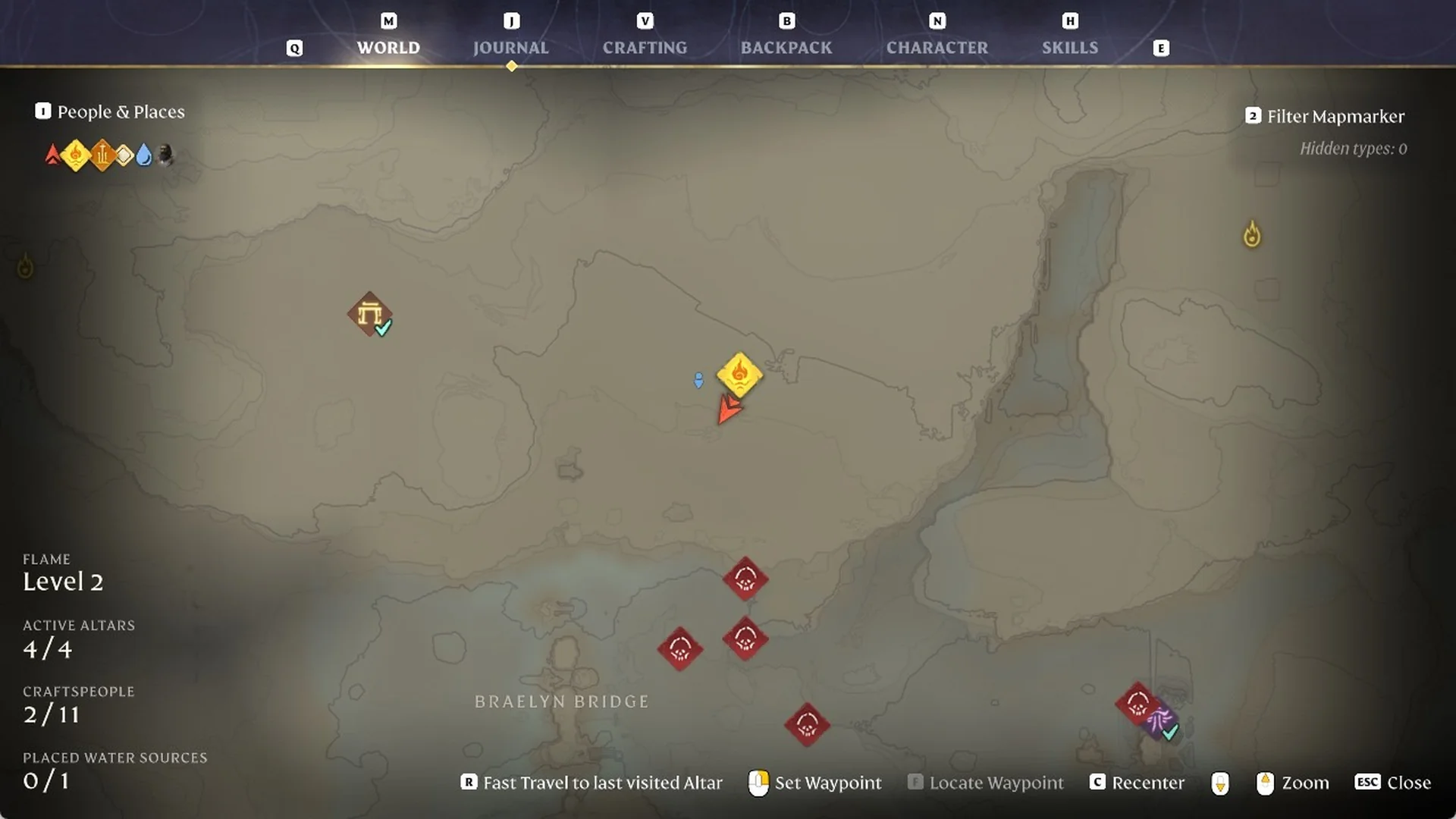 Enshrouded world map near Braelyn Bridge with 'Set Waypoint' and a grey 'Locate Waypoint' in the footer