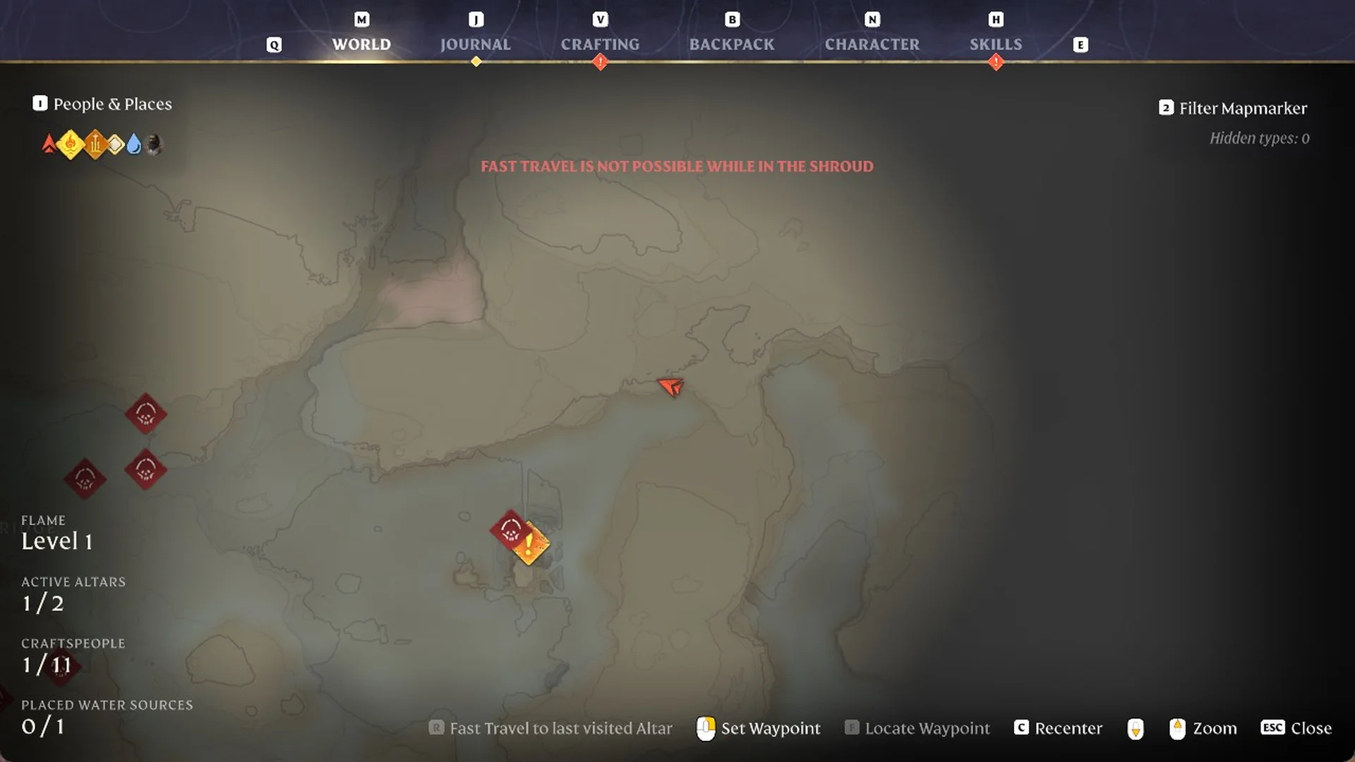 World map with a red message at the top saying fast travel is not possible while in the Shroud