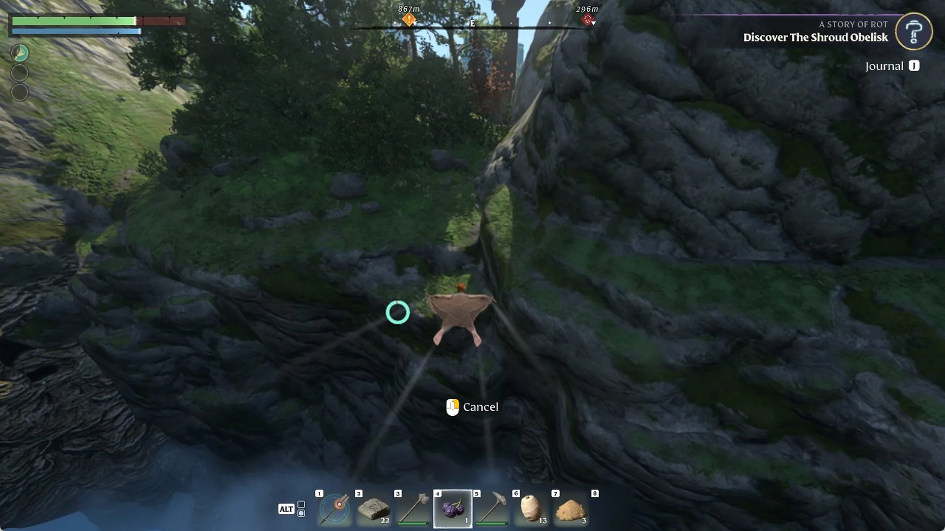 Character gliding off a cliff edge over a green gorge with the glider open and a Cancel prompt on screen