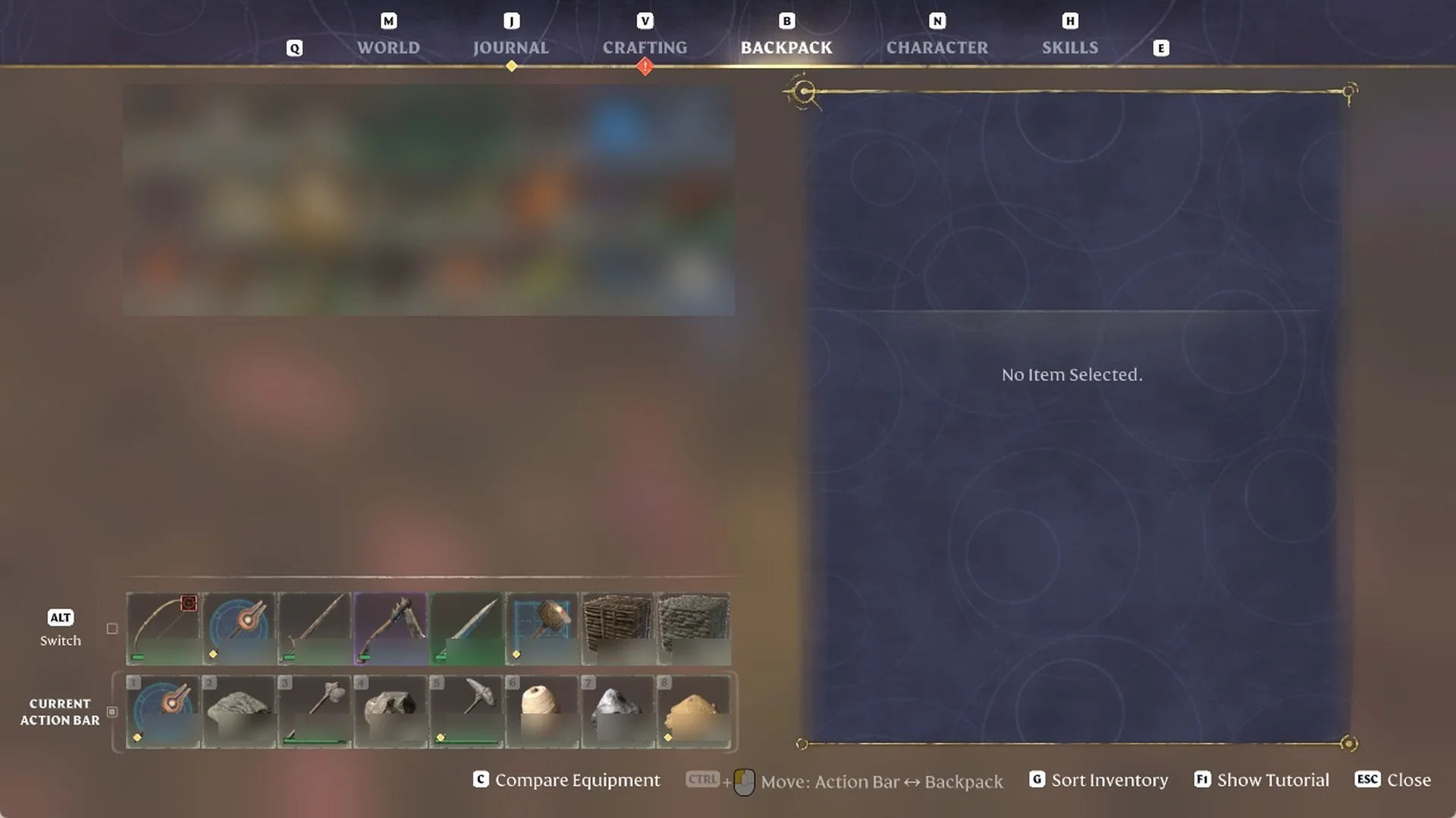 Enshrouded 'BACKPACK' tab showing the new Pickaxe in slot 5 of the action bar