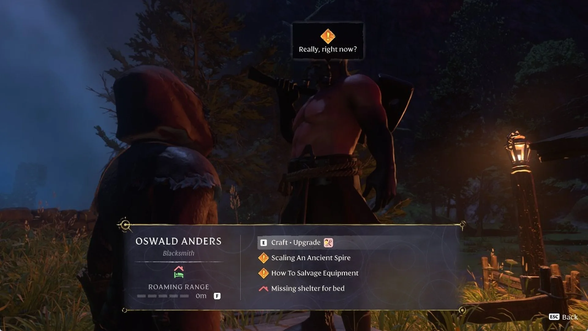 Enshrouded talk menu for Oswald Anders, the 'Blacksmith', at night with 'Missing shelter for bed' warning