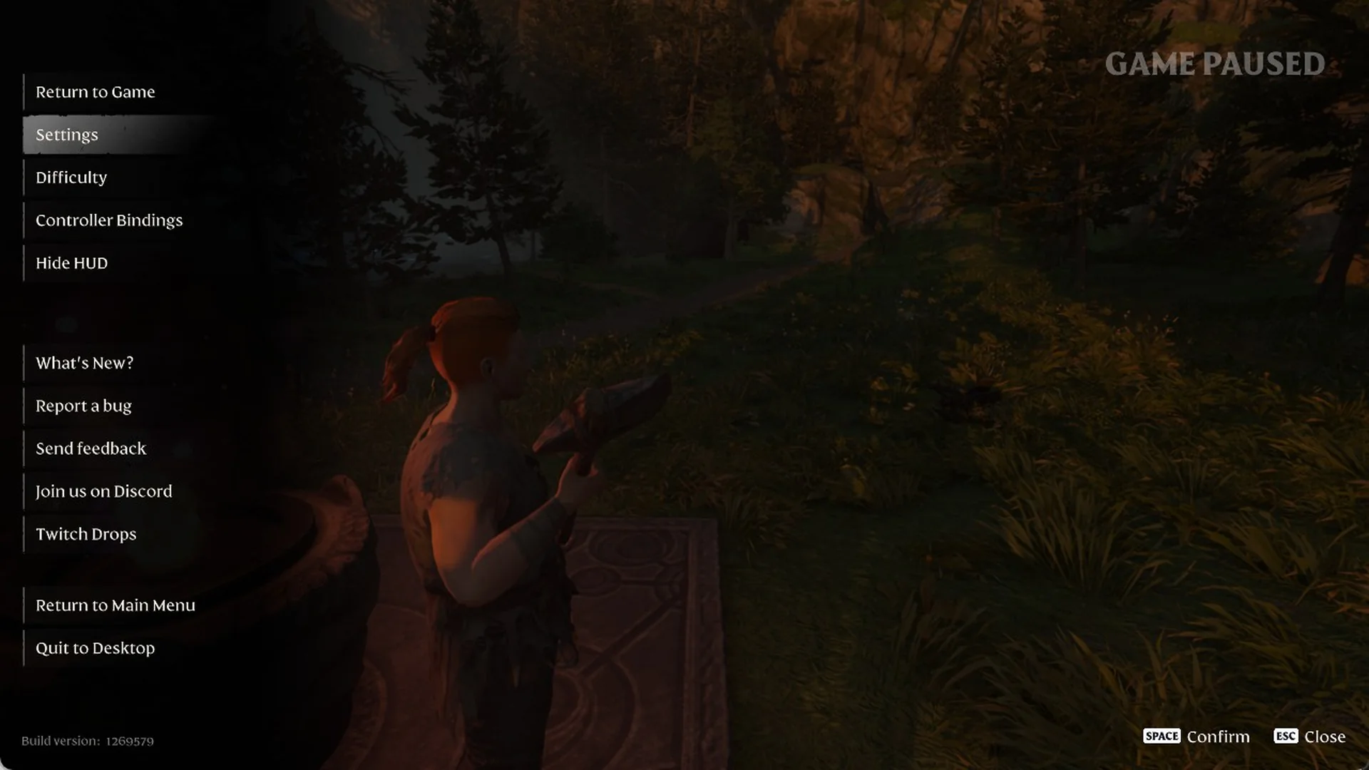 Enshrouded GAME PAUSED menu with Settings highlighted and Controller Bindings below Difficulty