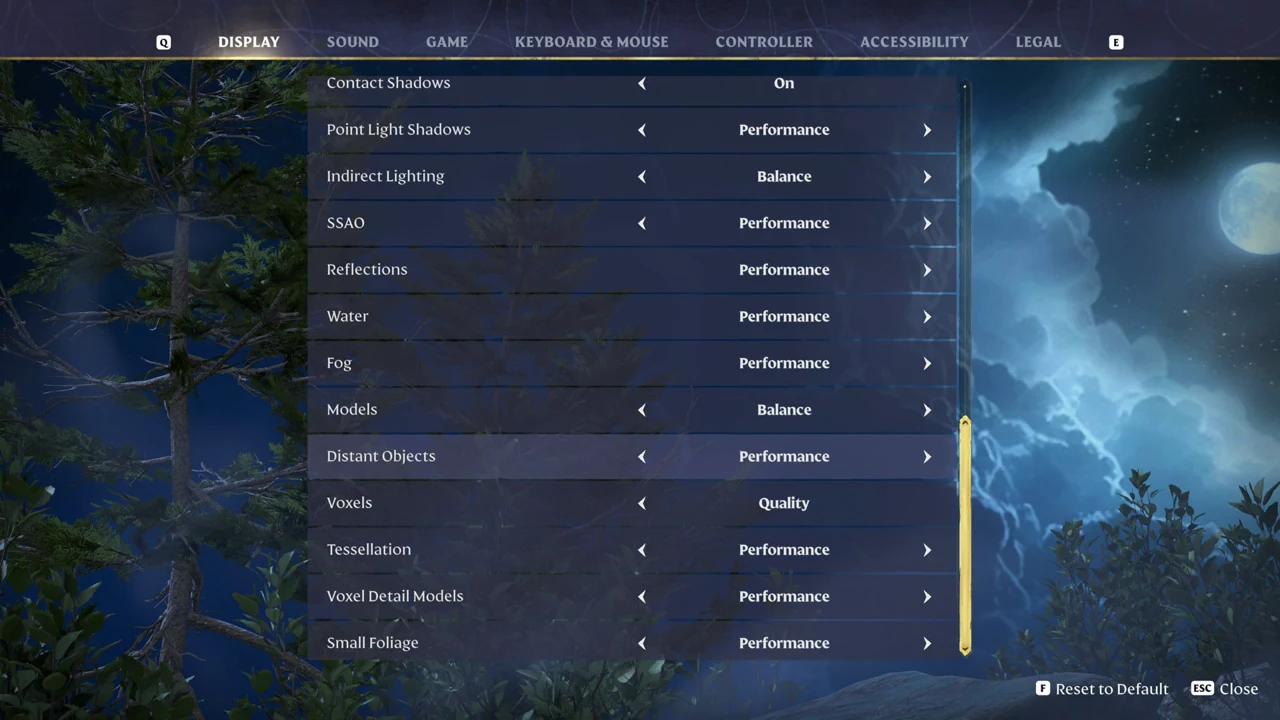 Quality options scrolled to Distant Objects, highlighted and set to Performance