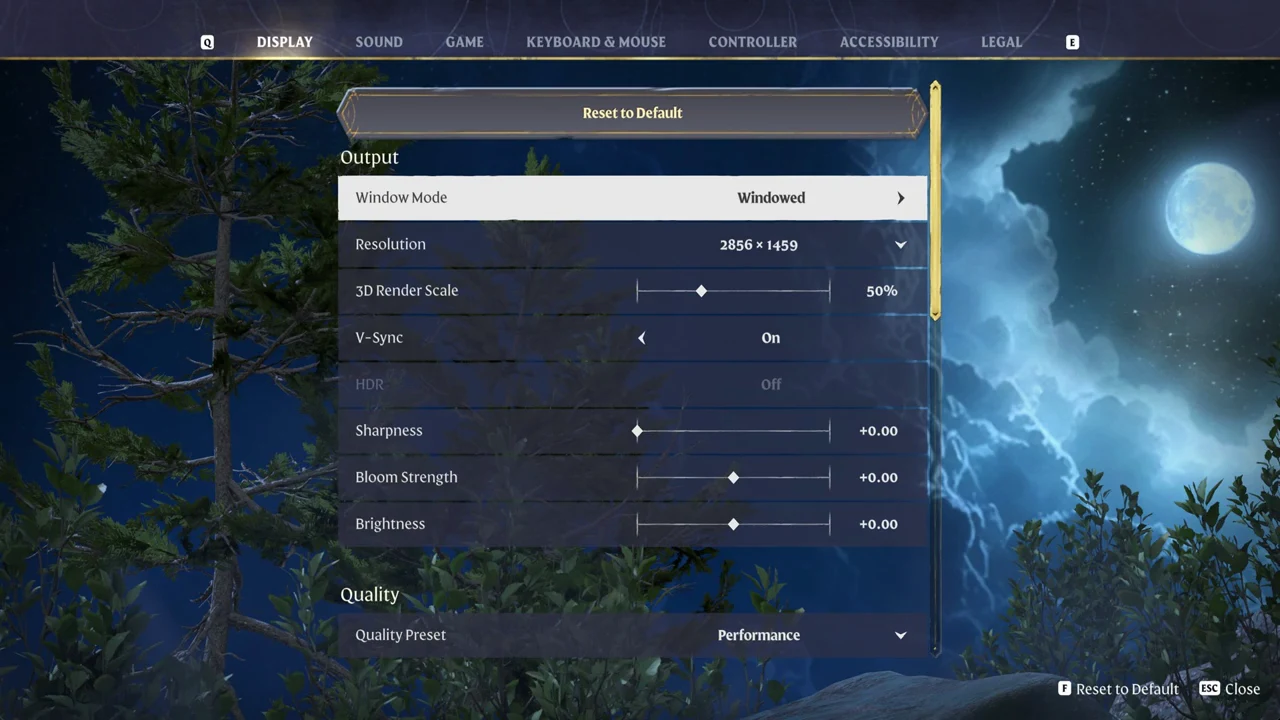 Display settings with Window Mode selected and set to Windowed