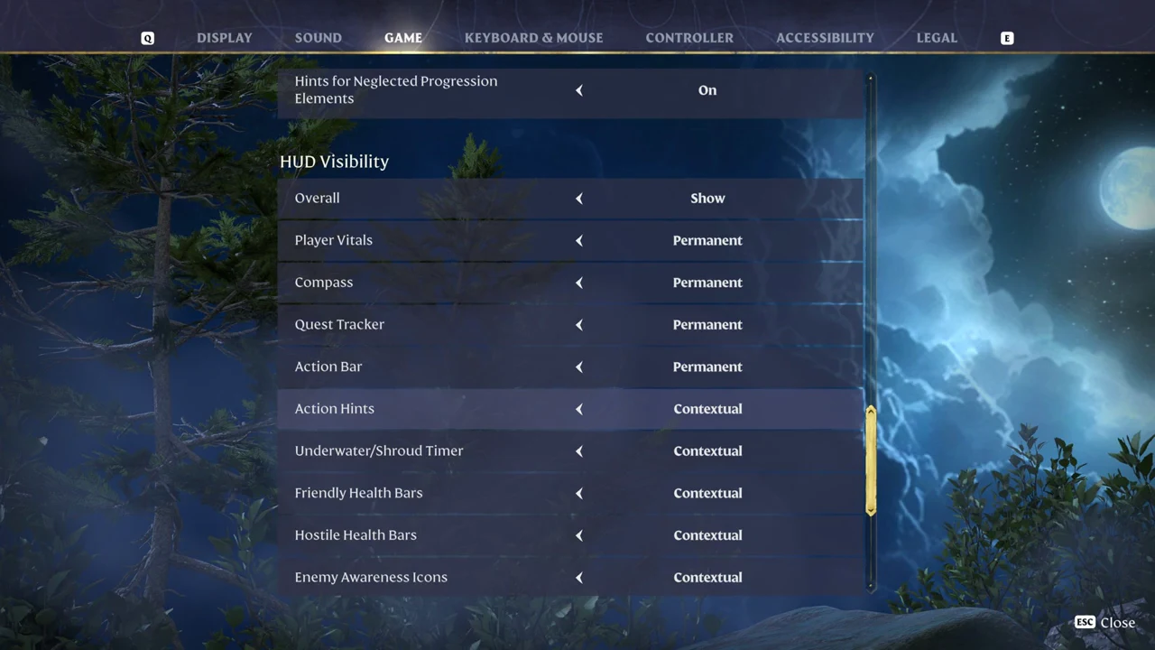 HUD Visibility list with Action Hints highlighted and set to Contextual