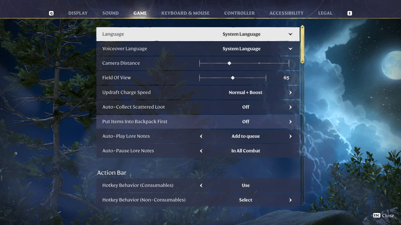 Game tab with the Language dropdown highlighted and set to System Language