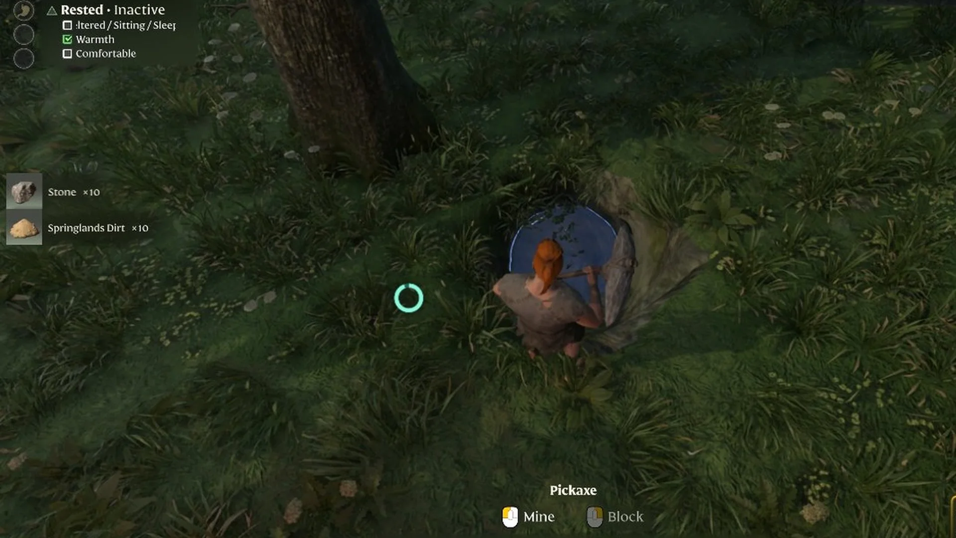 Enshrouded player digging grass with the Pickaxe, picking up 'Stone' and 'Springlands Dirt'