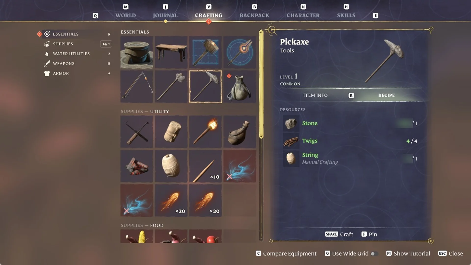 Enshrouded Pickaxe recipe card in 'CRAFTING' under 'ESSENTIALS' with green resources and 'SPACE Craft' lit