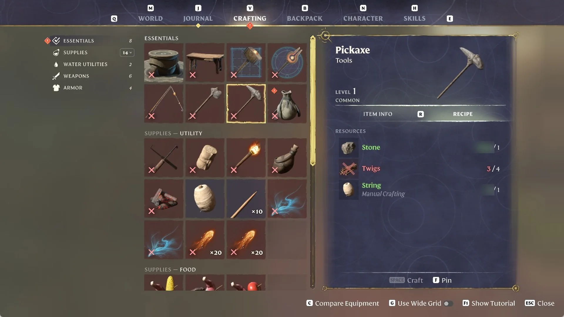 Enshrouded crafting screen with the Pickaxe selected and its recipe card listing Stone, Twigs and String
