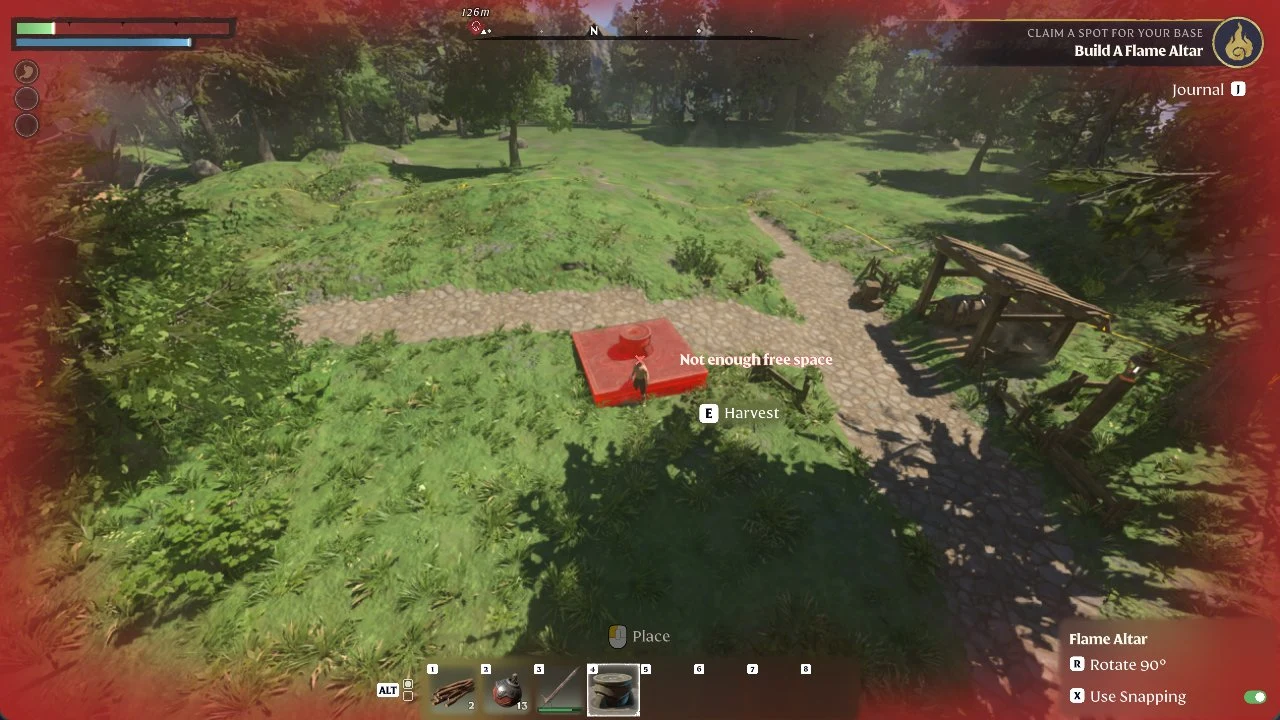 Red Flame Altar placement preview on a grassy path in a forest clearing, with a not enough free space warning.