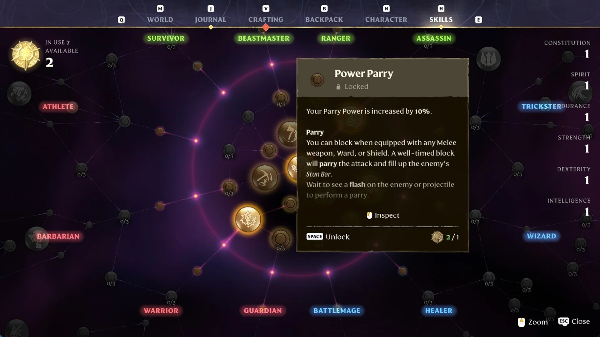 Power Parry skill card shown as Locked on the Enshrouded Skills screen