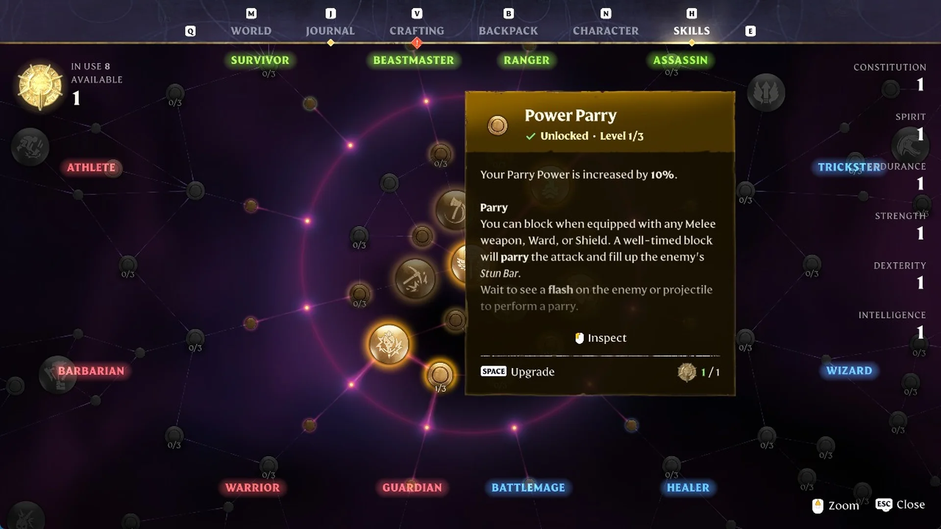 Power Parry skill card unlocked at 1 of 3 on the Enshrouded Skills screen