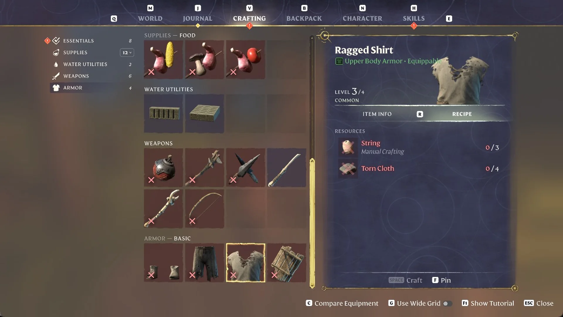 Ragged Shirt recipe card in the Enshrouded 1.0 Crafting tab, costing String 3 and Torn Cloth 4