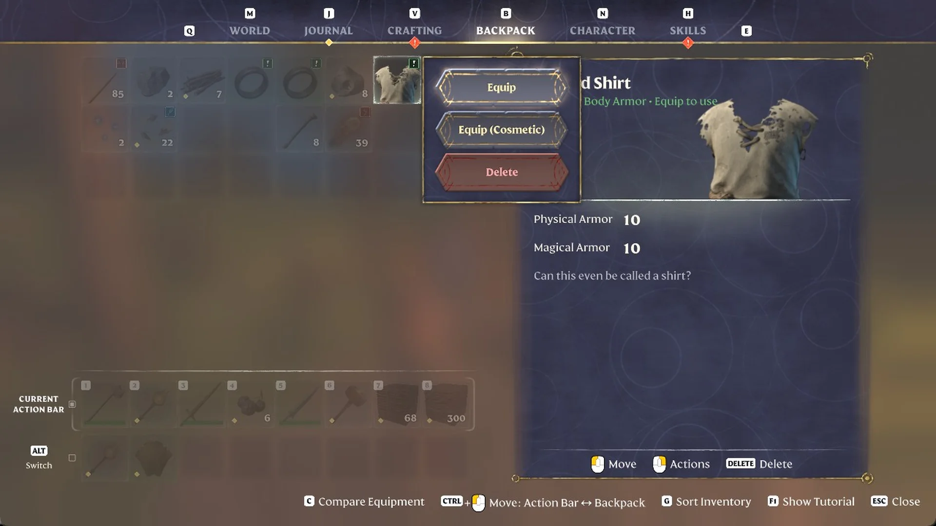 Right-click menu on the Ragged Shirt in the backpack with Equip, Equip (Cosmetic) and Delete