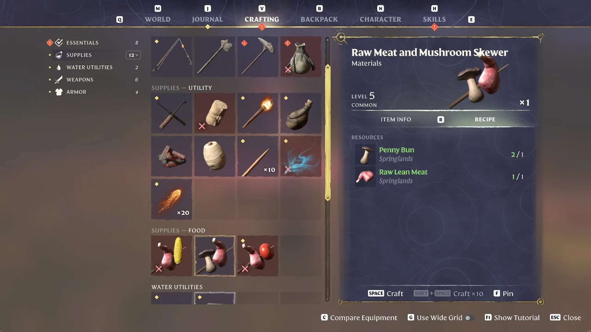 Hand crafting menu with Raw Meat and Mushroom Skewer selected under Supplies - Food, made from Penny Bun and Raw Lean Meat