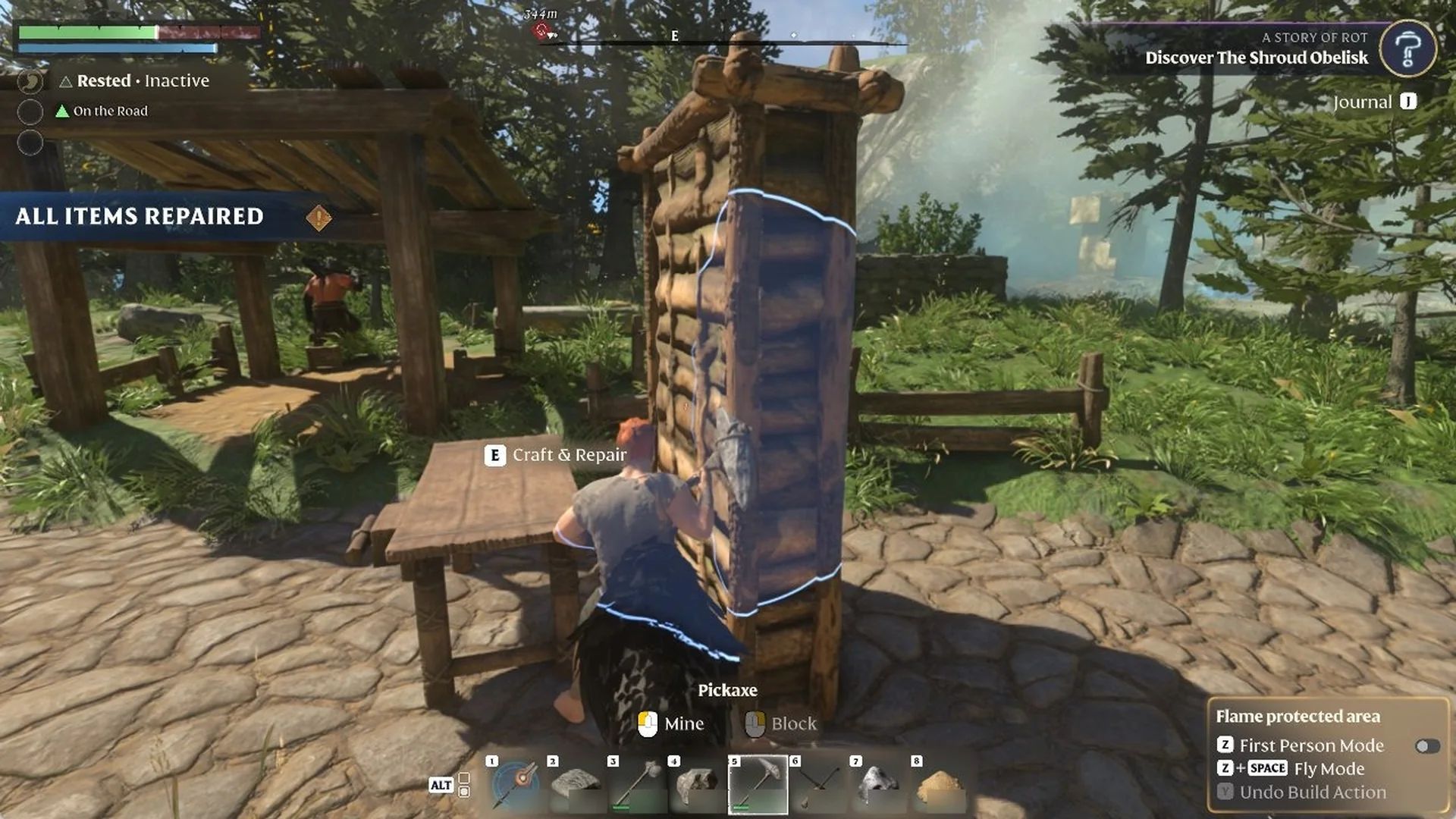 Player back at the Workbench with the 'ALL ITEMS REPAIRED' banner on the left and the Pickaxe slot bar full and green.
