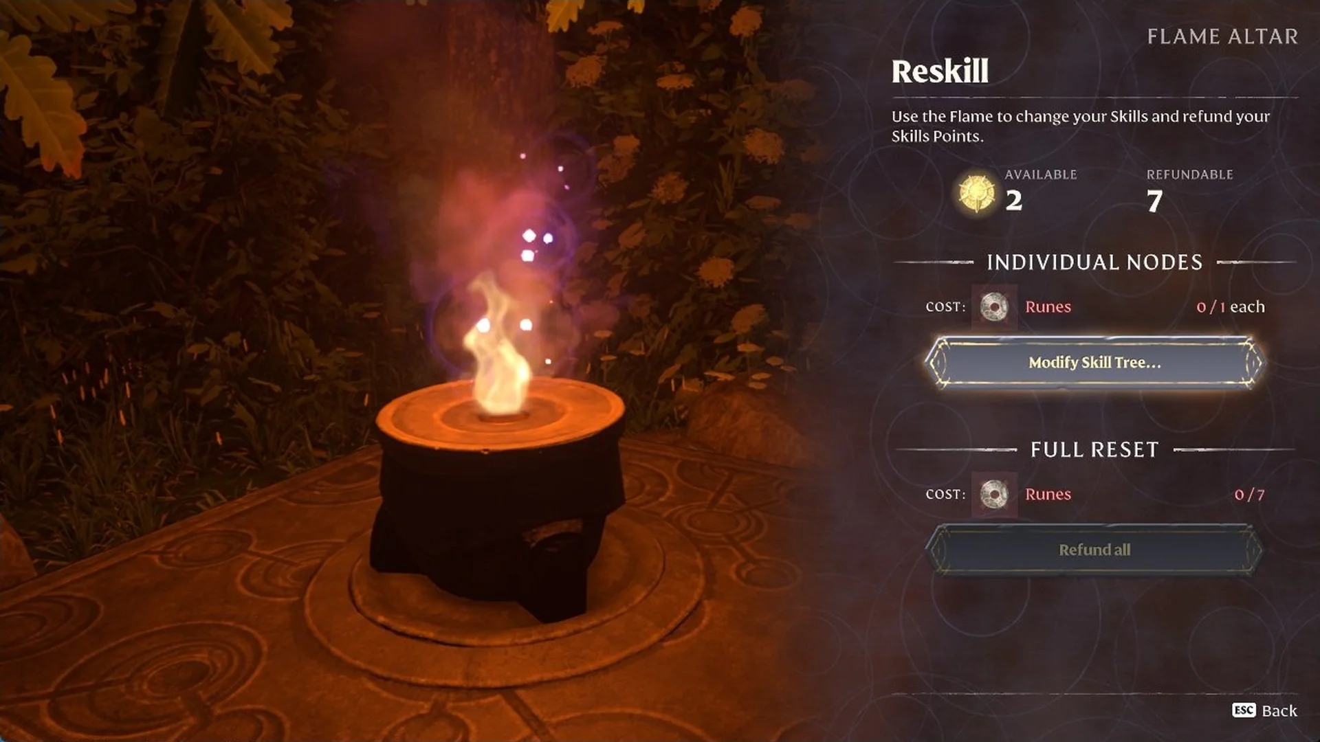 Reskill screen at the Enshrouded Flame Altar with individual node and full reset costs