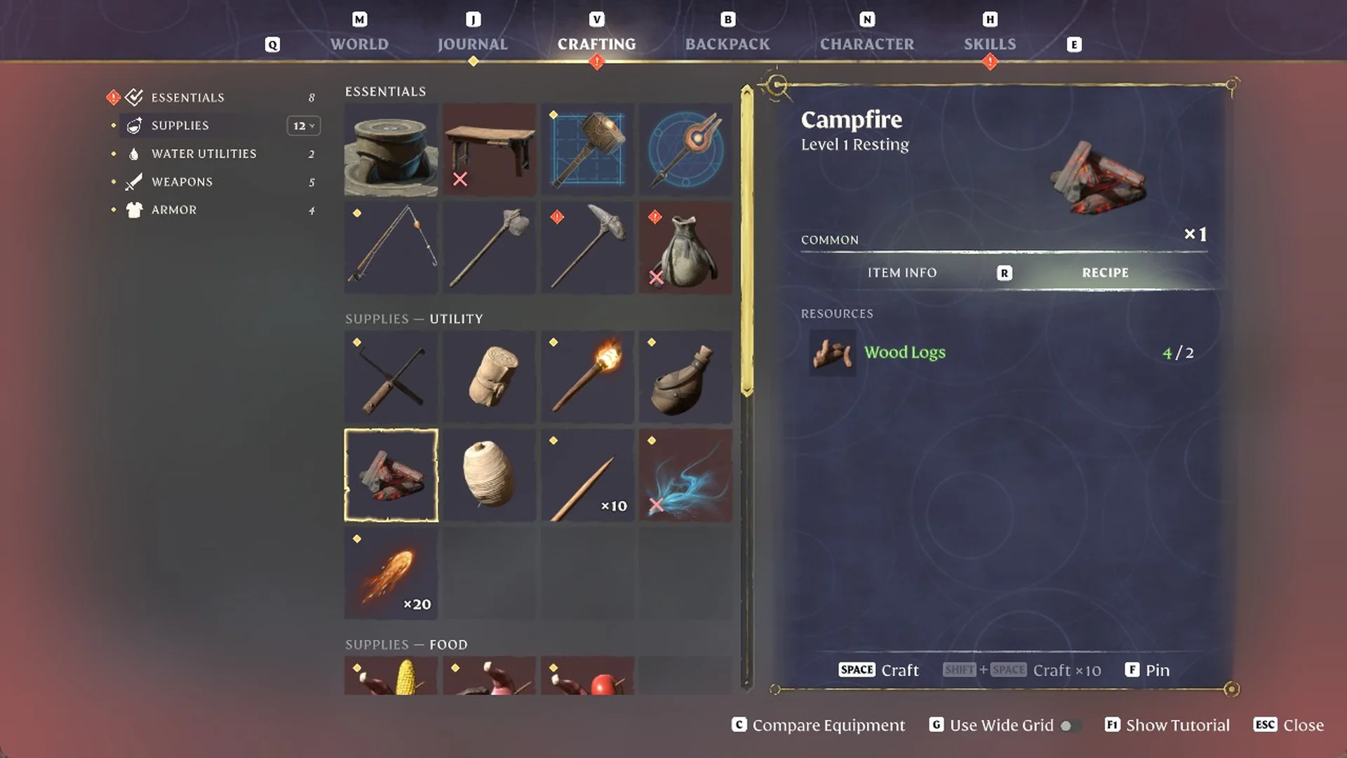 The Campfire recipe in the Enshrouded Crafting menu, listed as Level 1 Resting and needing Wood Logs