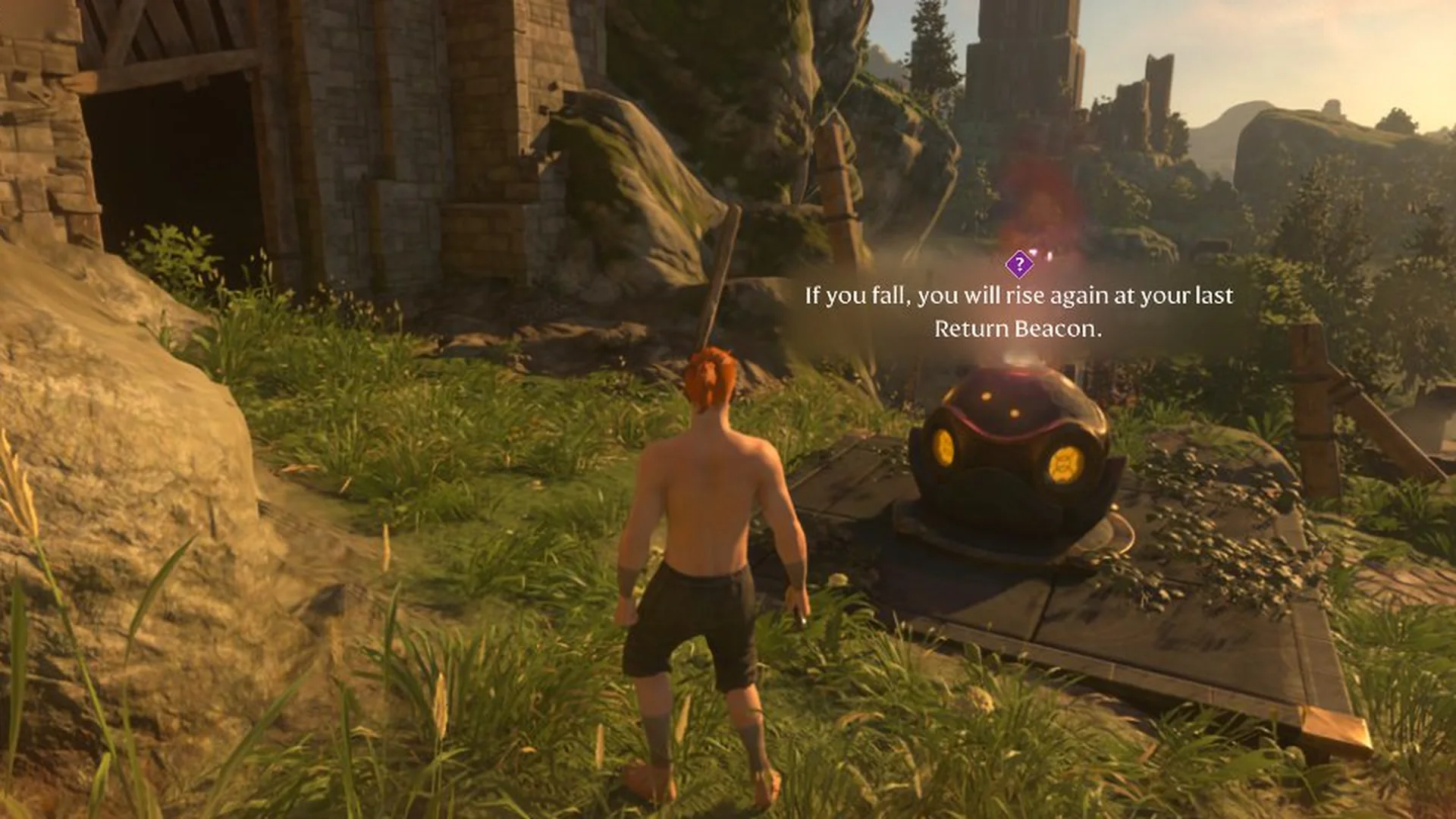 A Return Beacon, a dark round pod with amber lights on a stone slab, next to the mine exit
