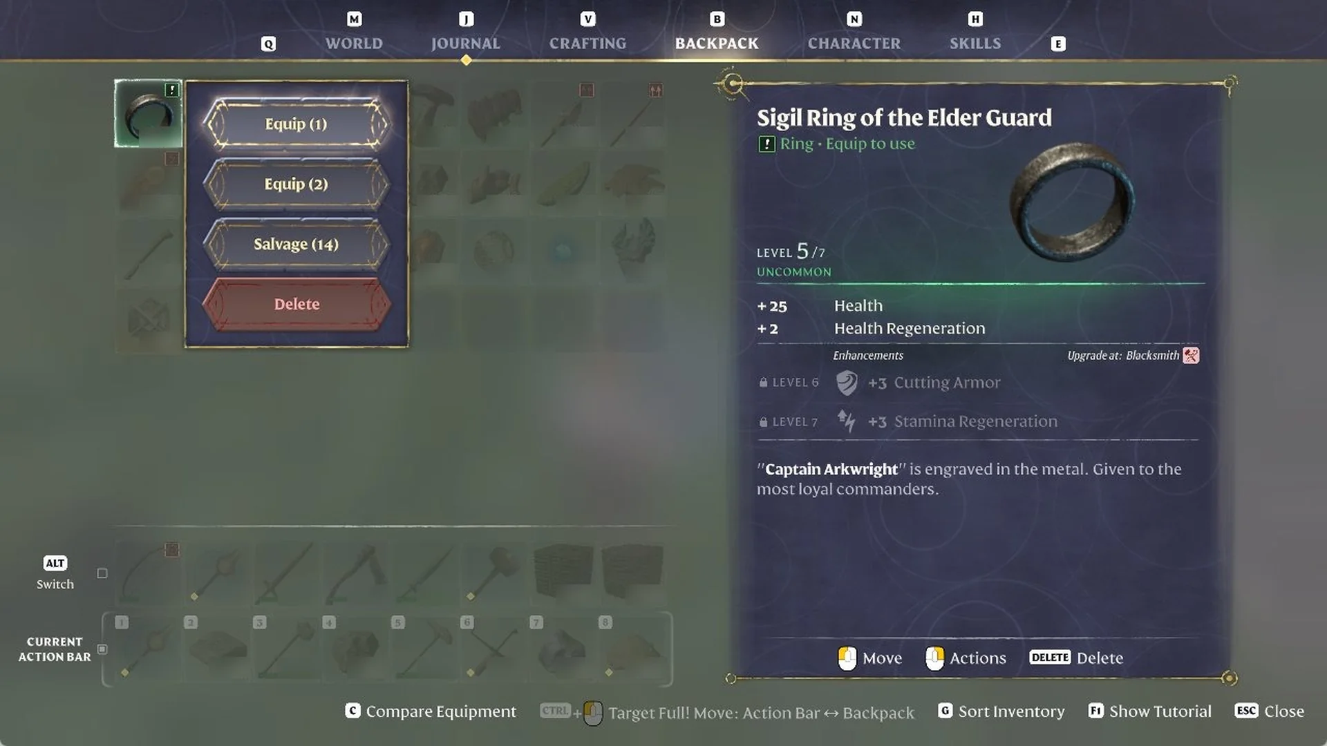 BACKPACK tab with a ring's right-click menu offering Equip, Salvage and Delete beside the Sigil Ring of the Elder Guard card.