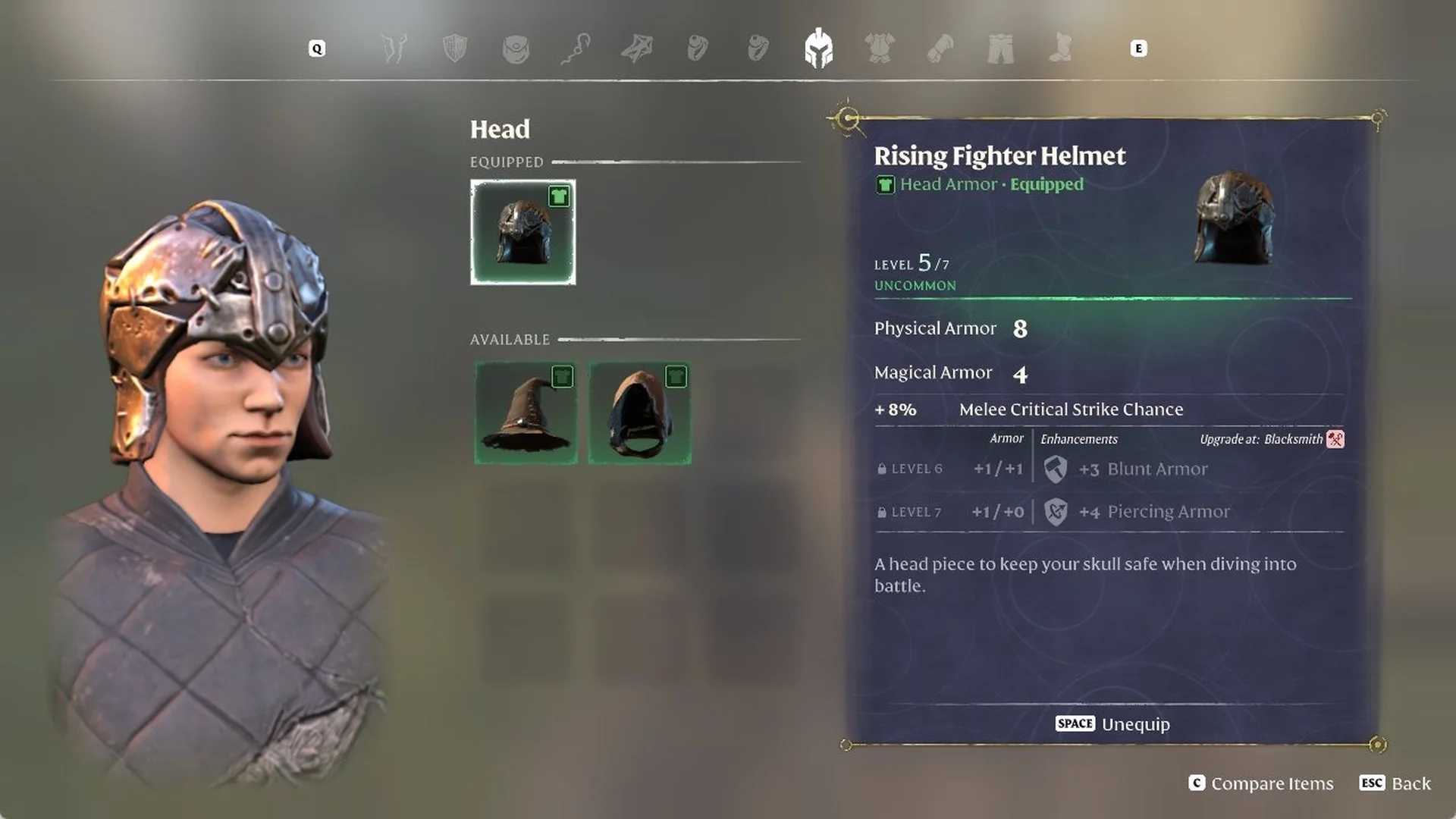 Enshrouded Rising Fighter Helmet card with Physical Armor 8, Magical Armor 4 and 'Upgrade at: Blacksmith'