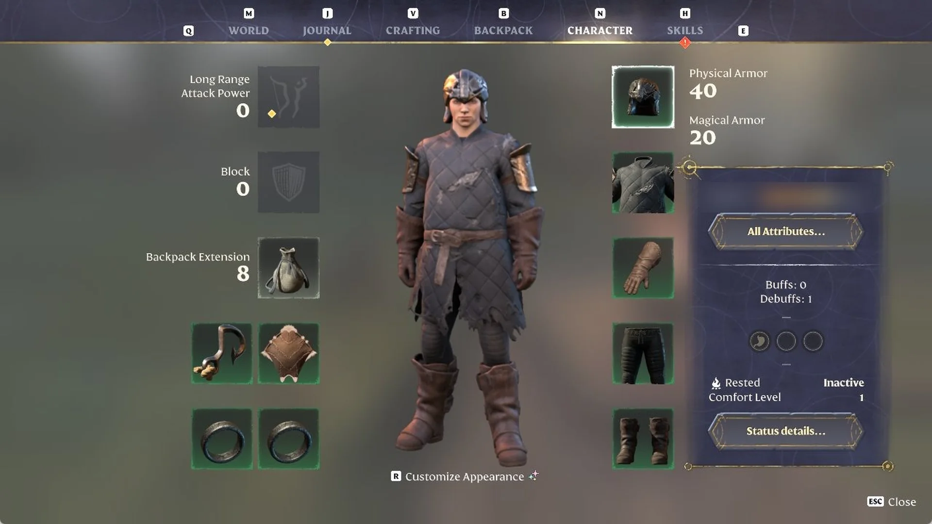 Enshrouded Character screen with Rising Fighter set, Physical Armor 40 and Magical Armor 20