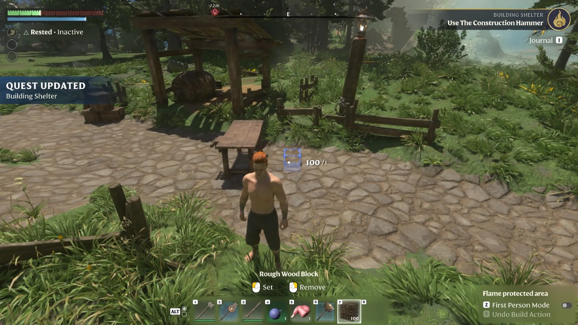 Rough Wood Blocks selected on the action bar showing only Set and Remove prompts, with a Quest Updated banner