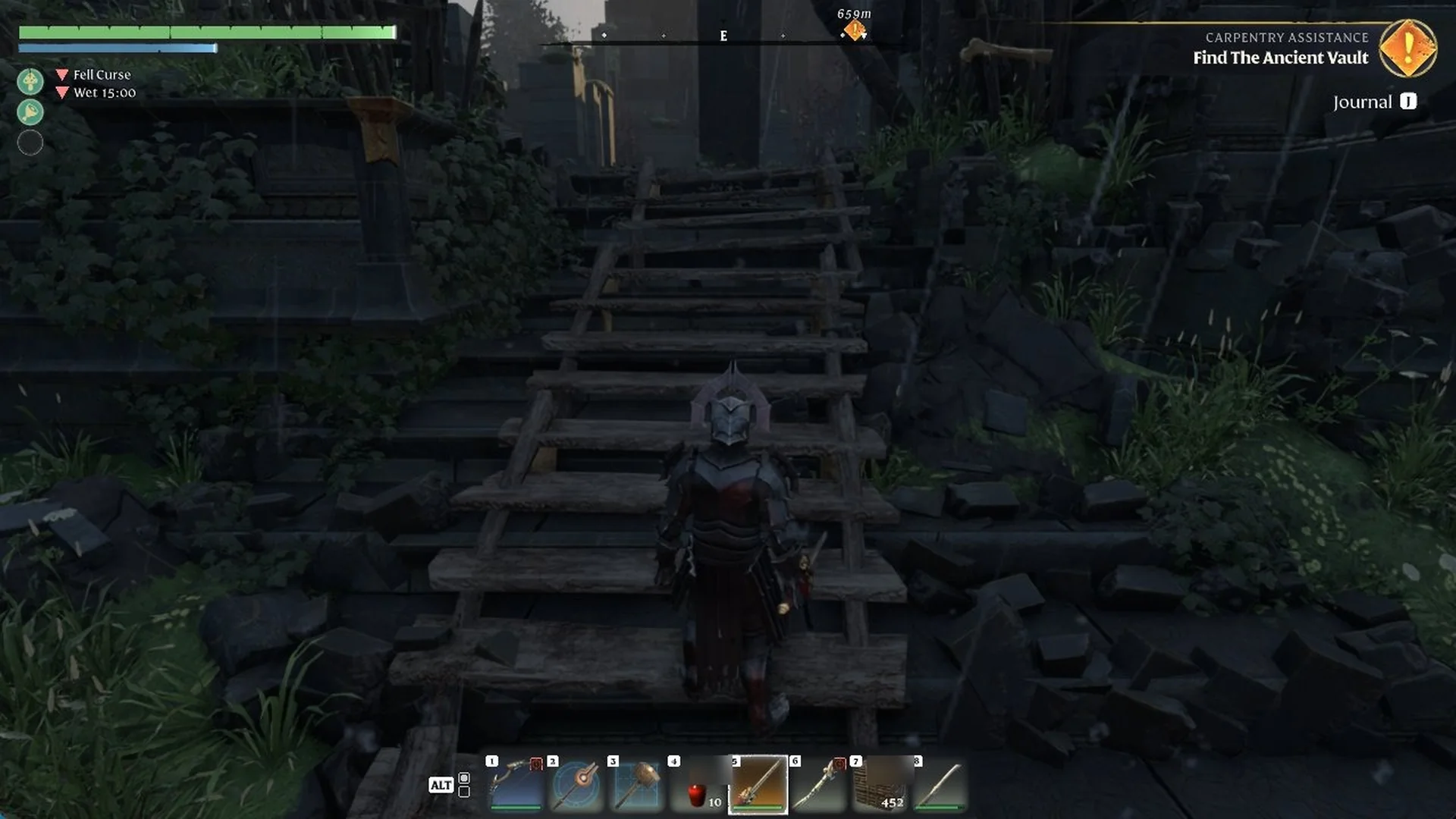 Climbing wooden stairs west of the Ancient Vault - Hunter through the Vukah camp in rain