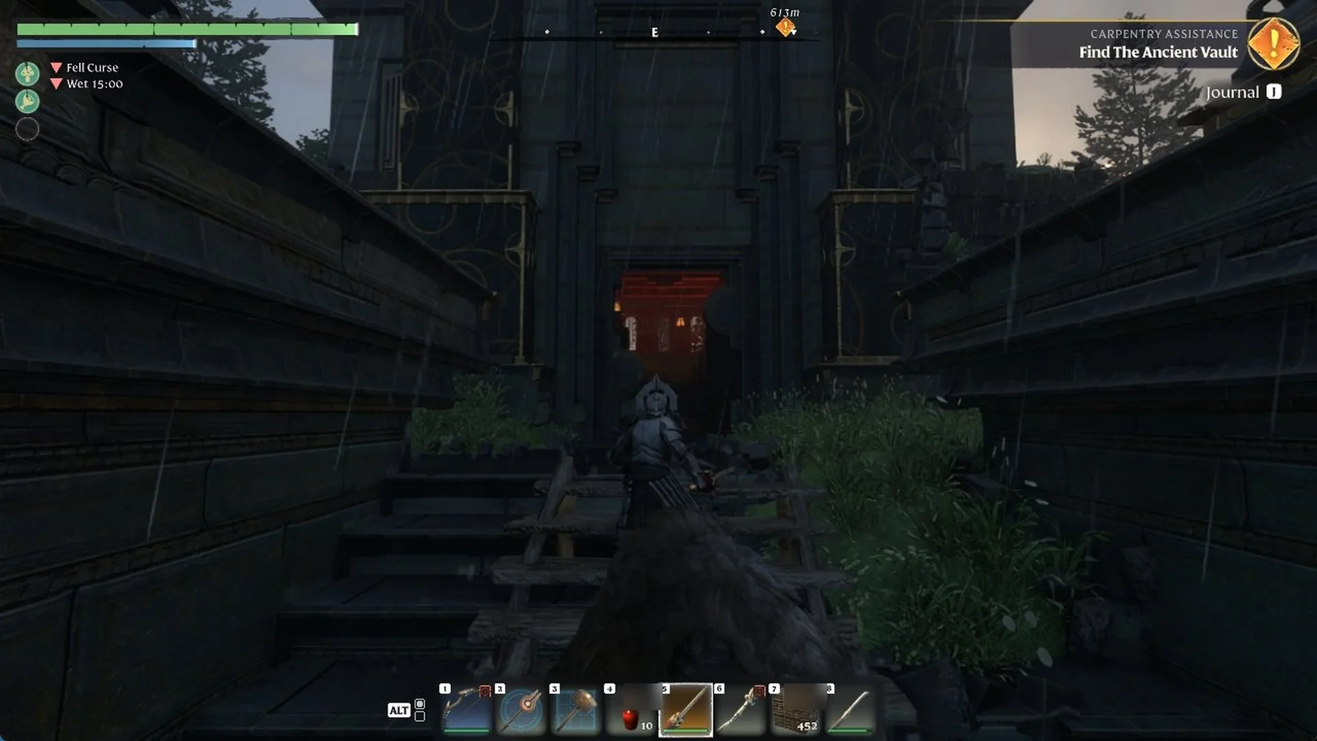 Far-side courtyard stairs climbing to the open west doorway of the vault, glowing red inside