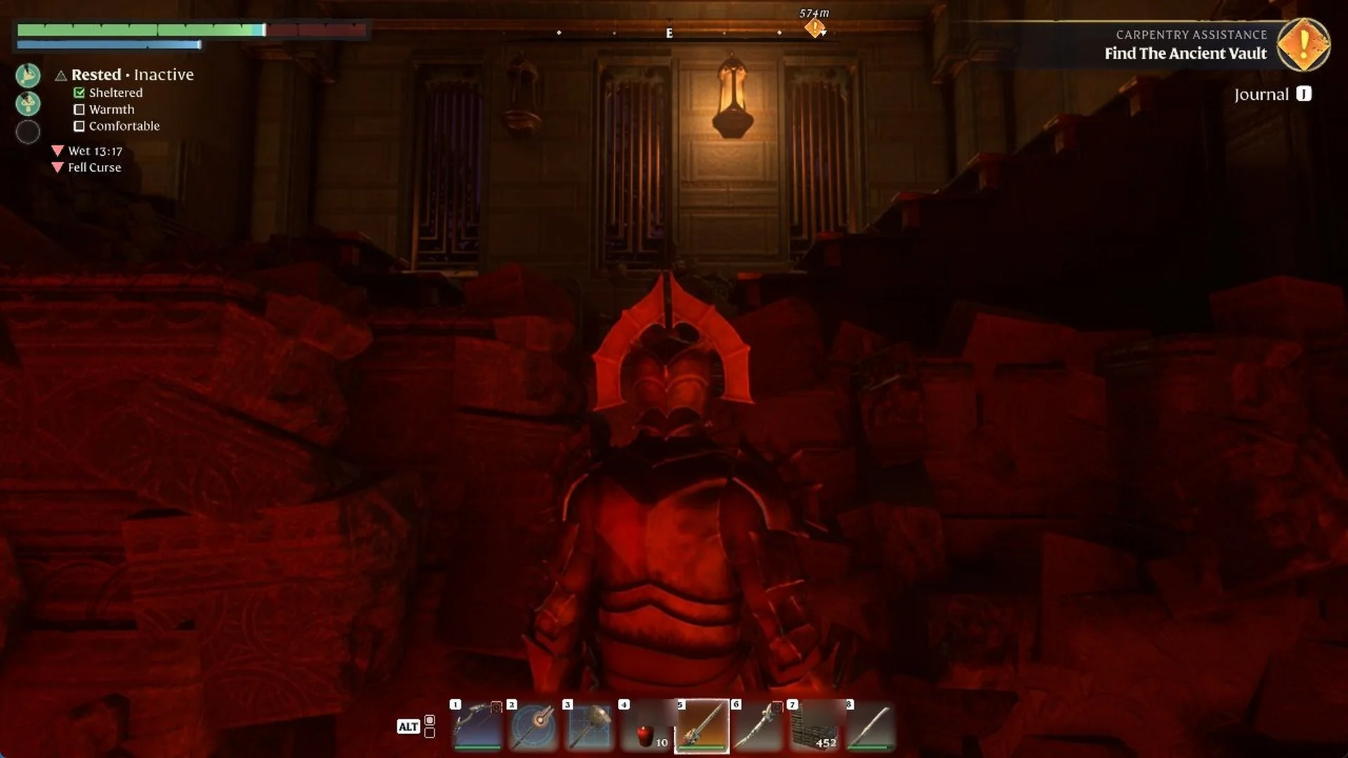Player standing in rubble on the far side of the lava pit, near barred windows and a wall lamp