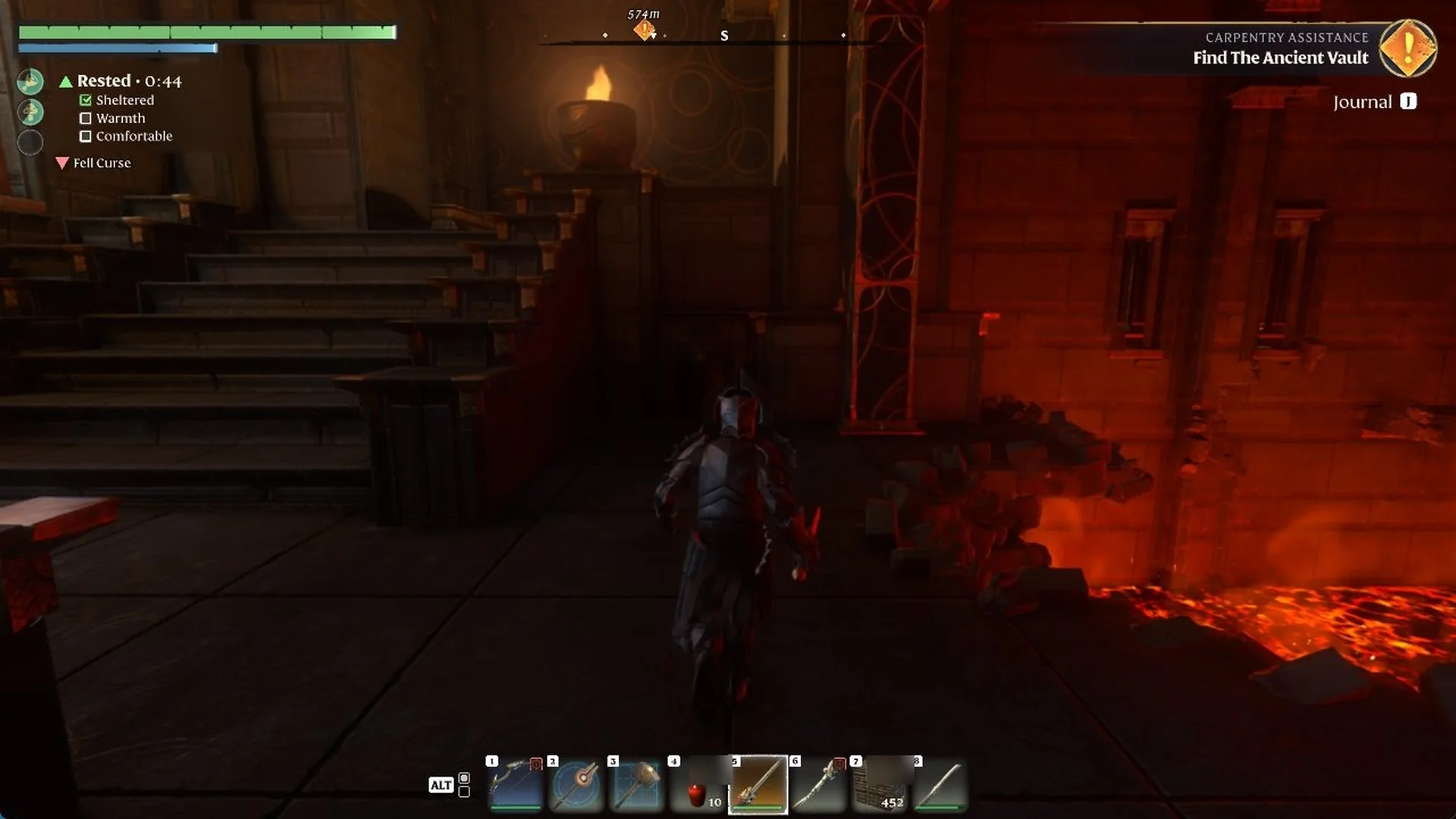 Stone stairs climbing the east wall on the far side of a glowing lava pit