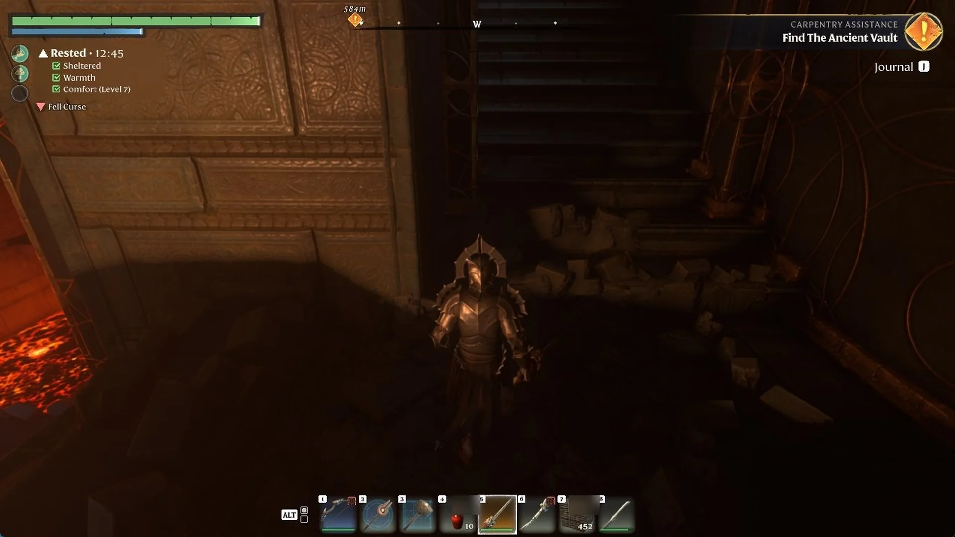 Foot of the second flight of stairs going up west, with lava glowing on the left