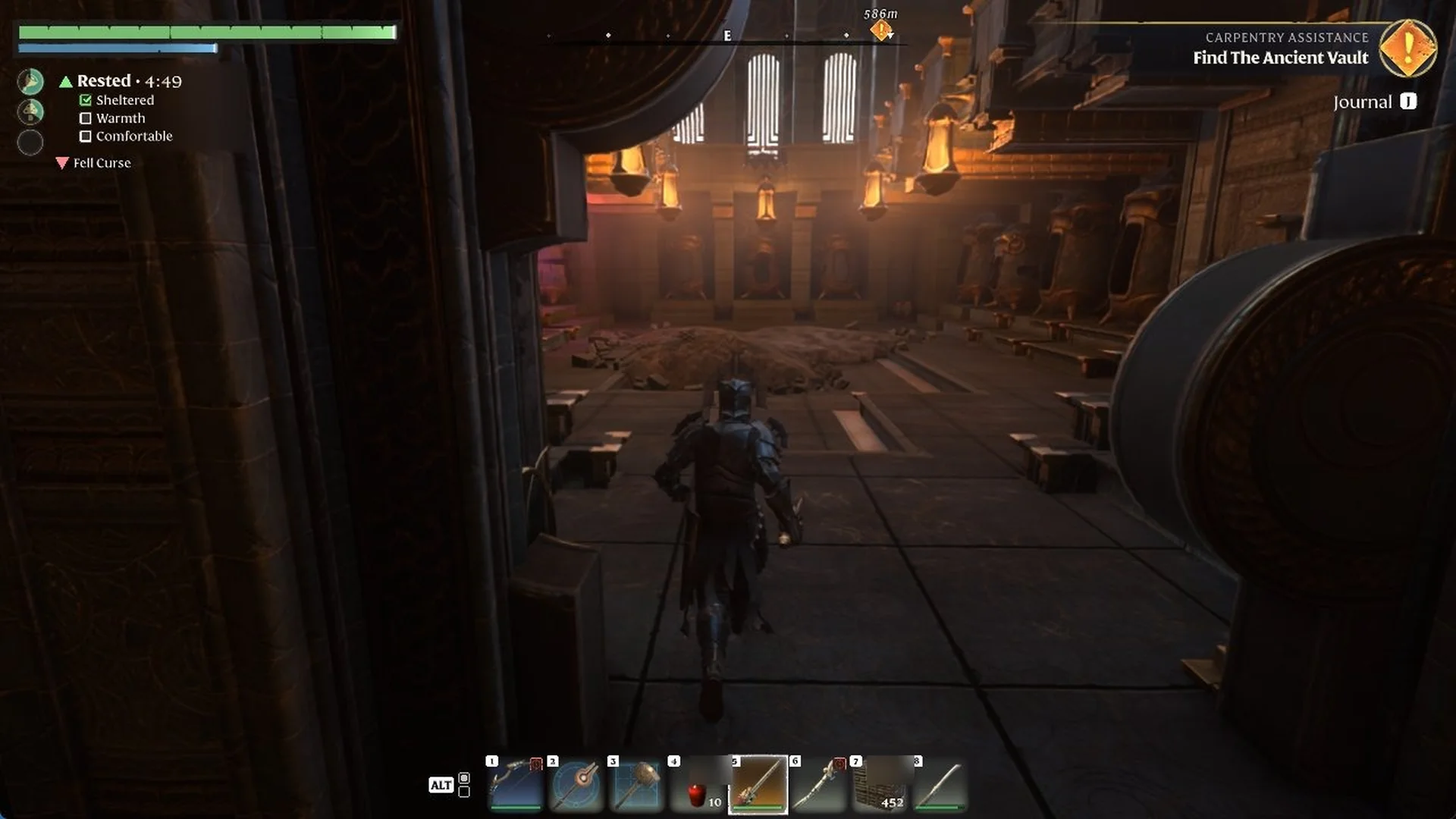 Open round central door rolled aside, leading east into a hall of pods with hanging lamps