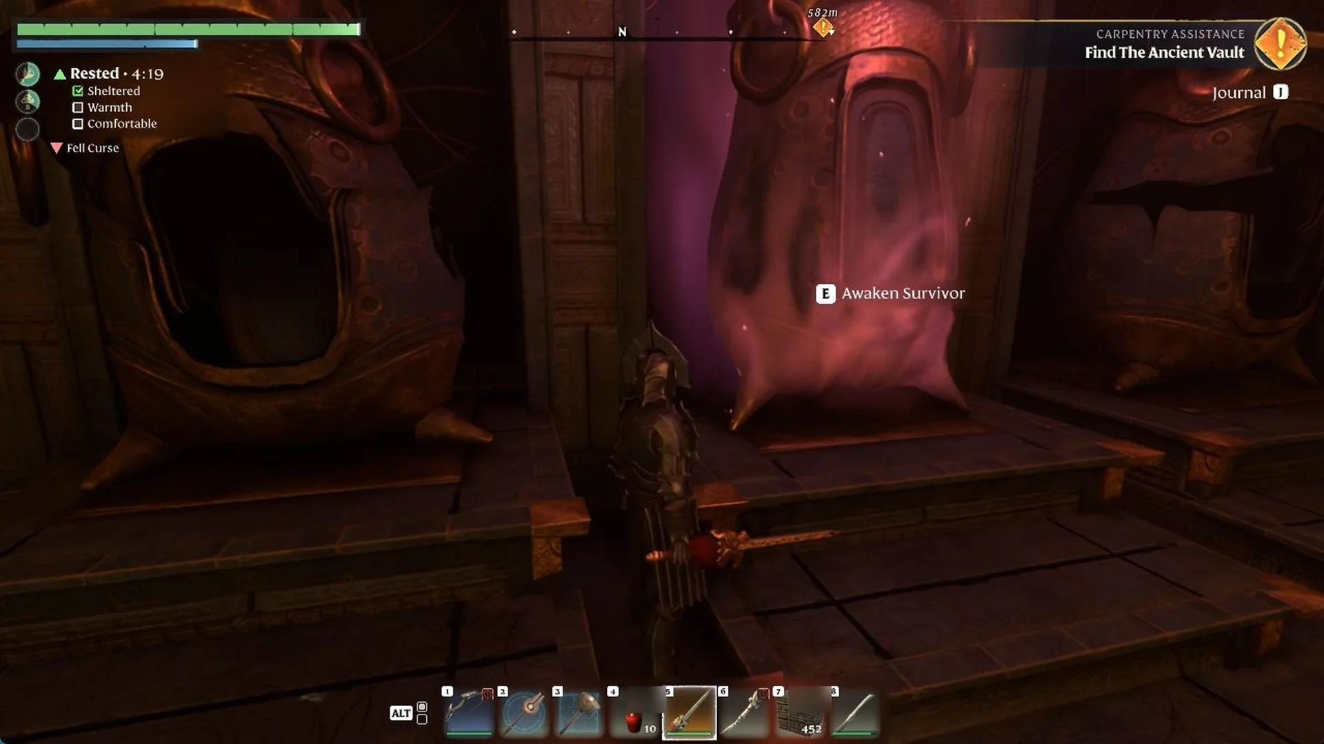 The Hunter's pod glowing pink between two dark empty pods in Enshrouded