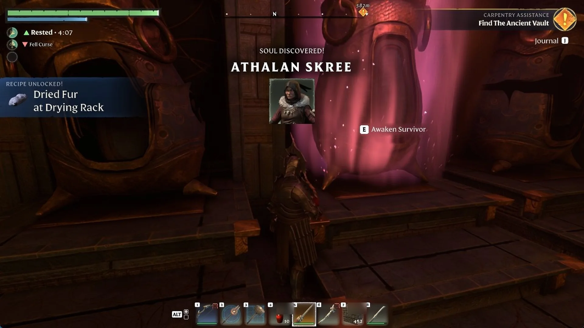 SOUL DISCOVERED! notice for ATHALAN SKREE with portrait, plus Dried Fur at Drying Rack recipe