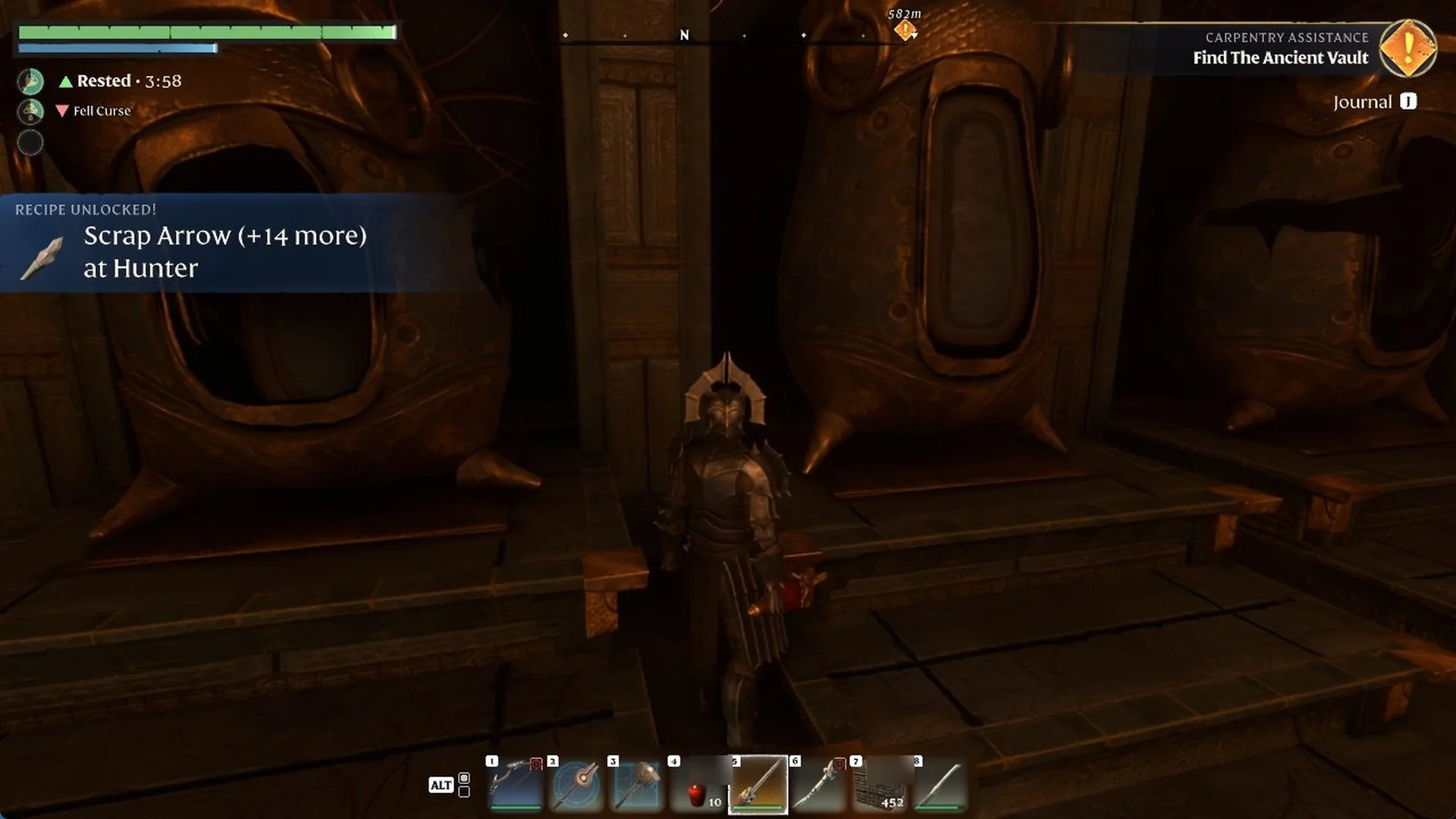 RECIPE UNLOCKED banner for Scrap Arrow at Hunter shown beside the now dark pods