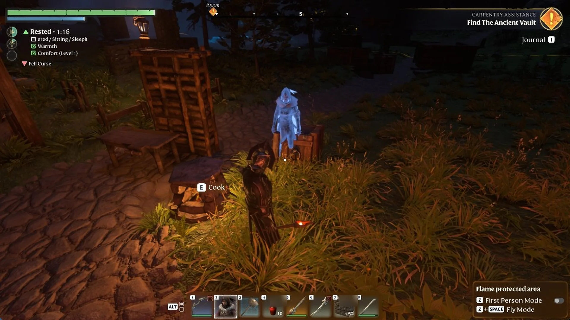 Blue ghost preview of Athalan Skree standing on a wooden box beside a campfire