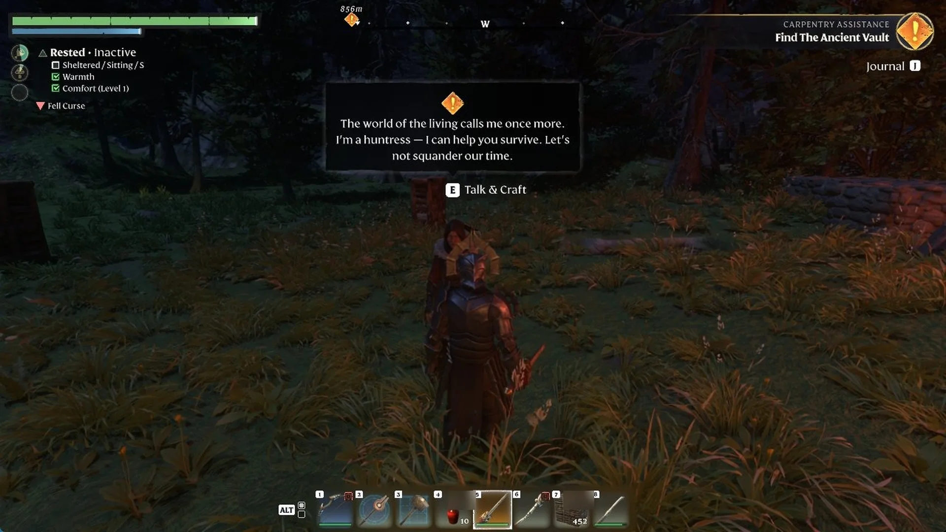 Athalan Skree, the Hunter, standing at the base with greeting dialogue and Talk and Craft prompt