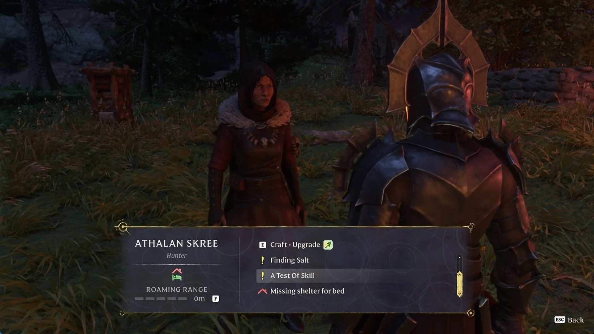 Athalan Skree talk menu with dialogue options and a red roof on the bed icon