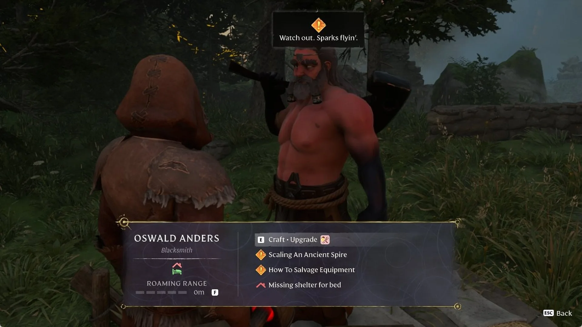 Oswald Anders talk panel showing red roof icon, Missing shelter for bed, roaming range 0m