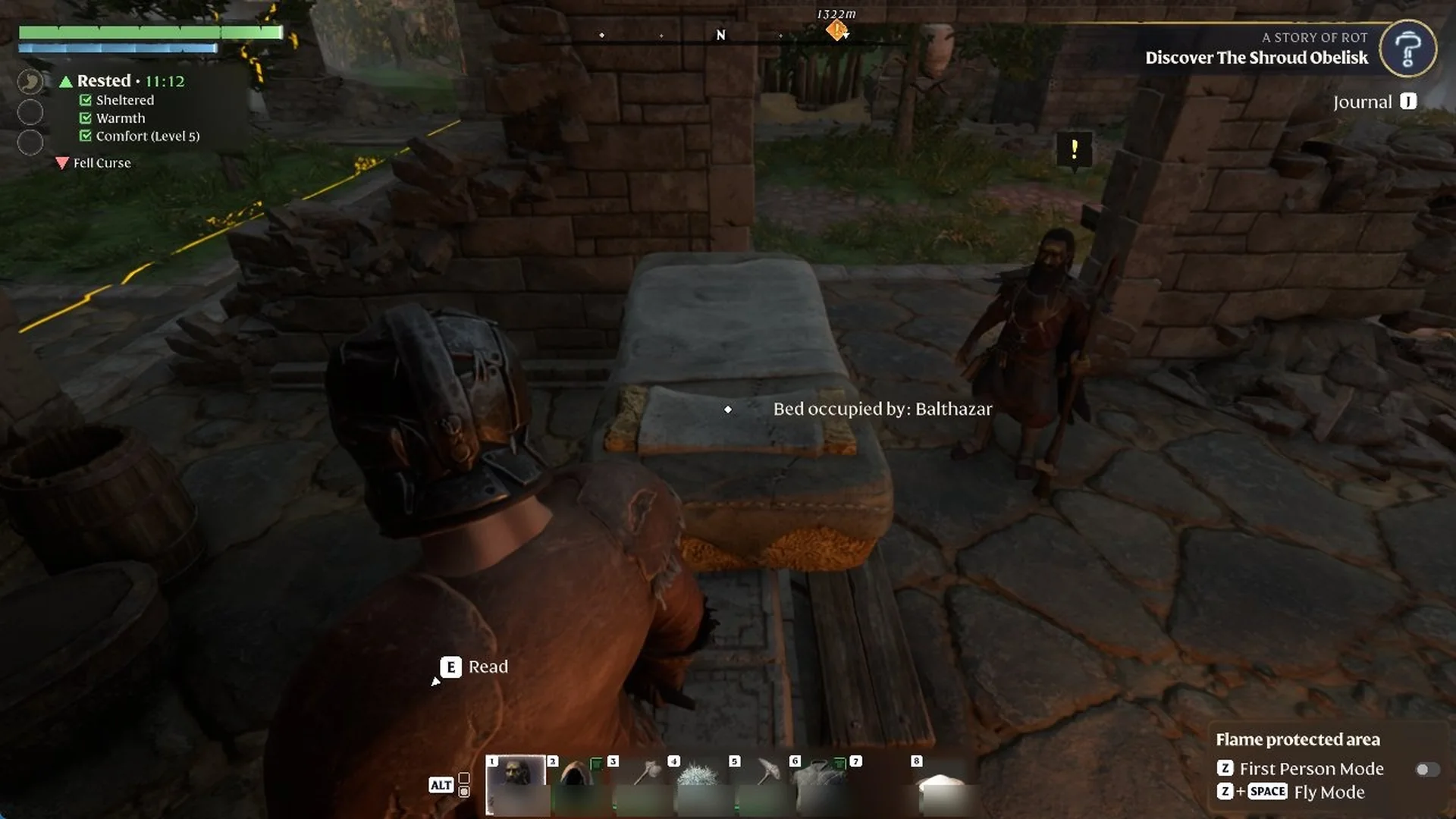 Balthazar standing beside a placed Crude Mattress showing Bed occupied by: Balthazar