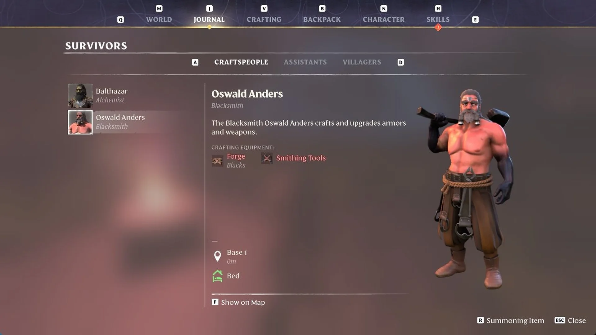Enshrouded Journal Survivors Craftspeople card showing Oswald Anders, Blacksmith, at Base 1 with green Bed icon