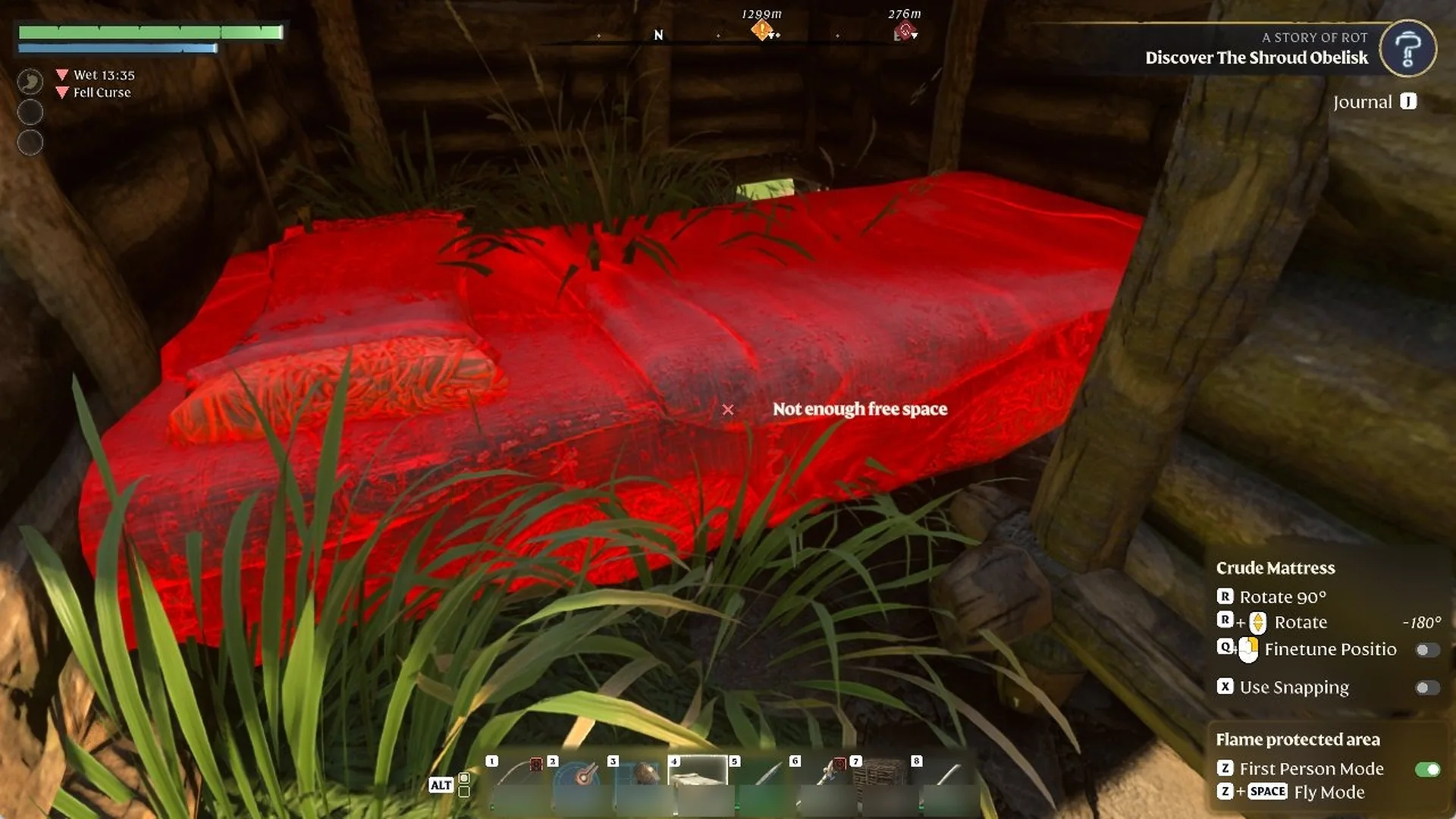 Red Crude Mattress placement preview showing Not enough free space inside a small wooden room