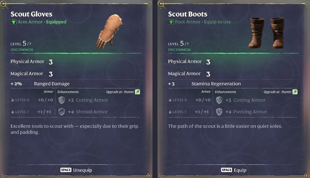 Enshrouded item cards for Scout Gloves and Scout Boots shown side by side