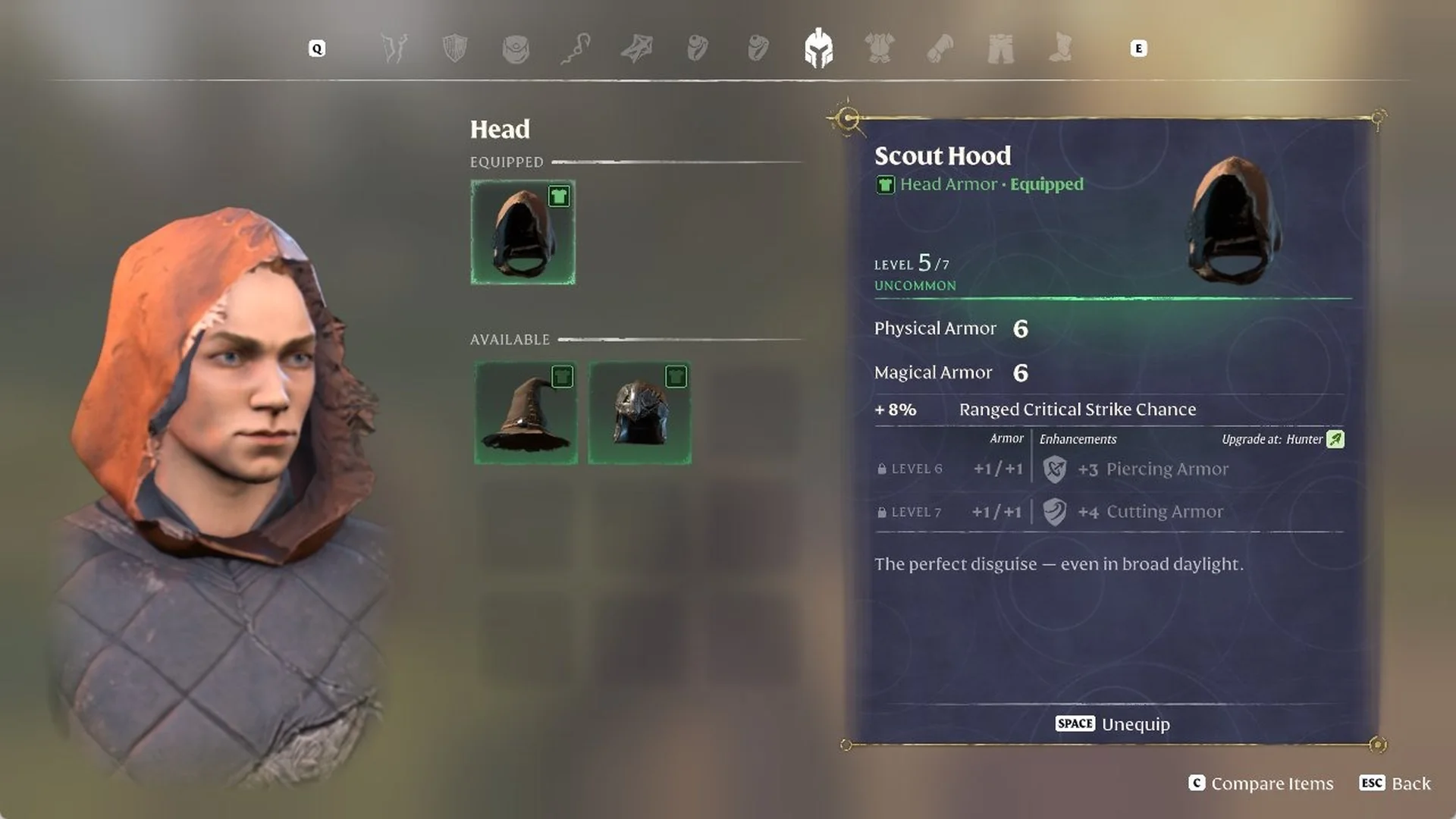 Enshrouded Scout Hood card with Physical Armor 6, Magical Armor 6 and 'Upgrade at: Hunter'