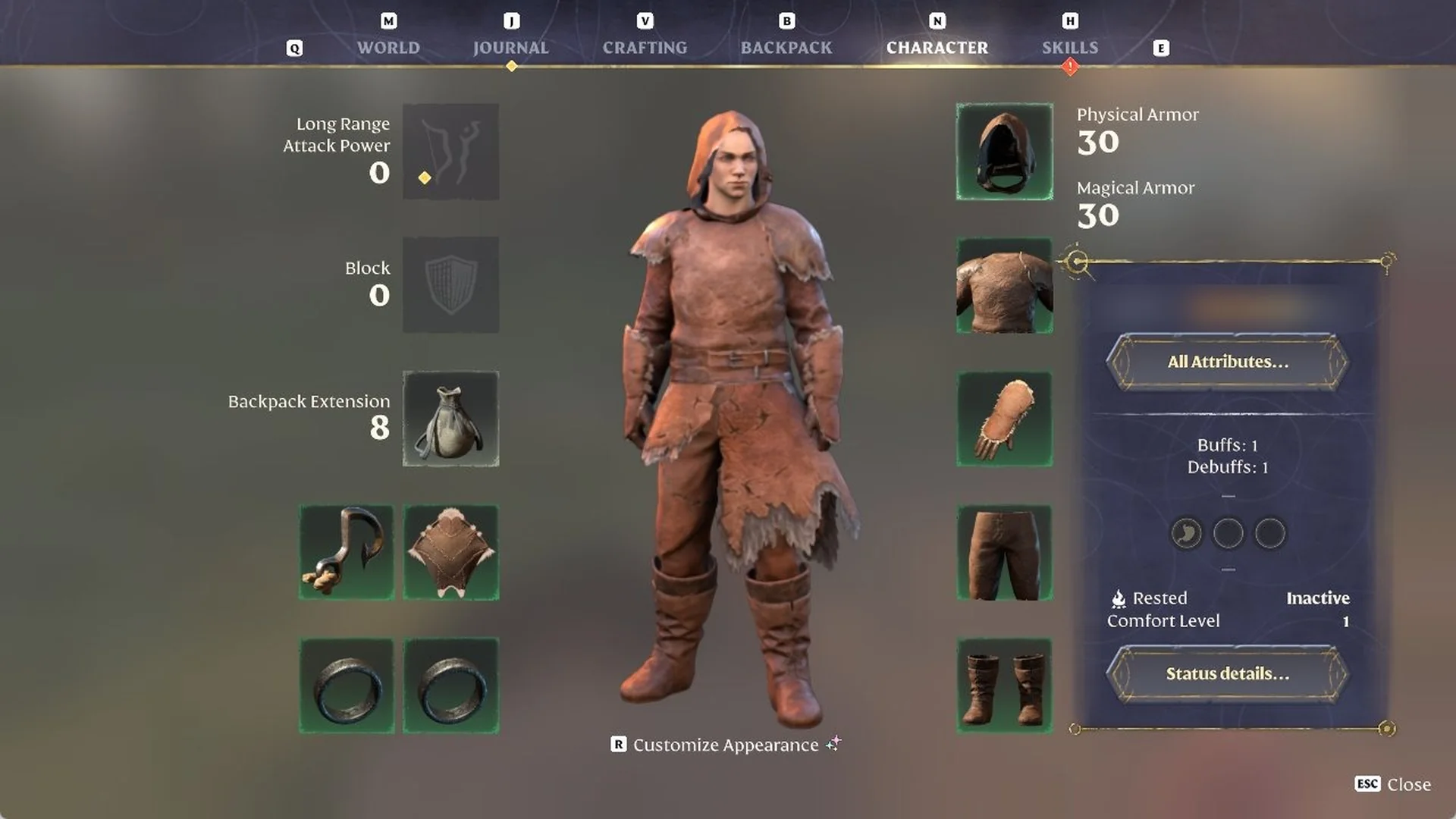 Enshrouded Character screen with Scout set, Physical Armor 30 and Magical Armor 30